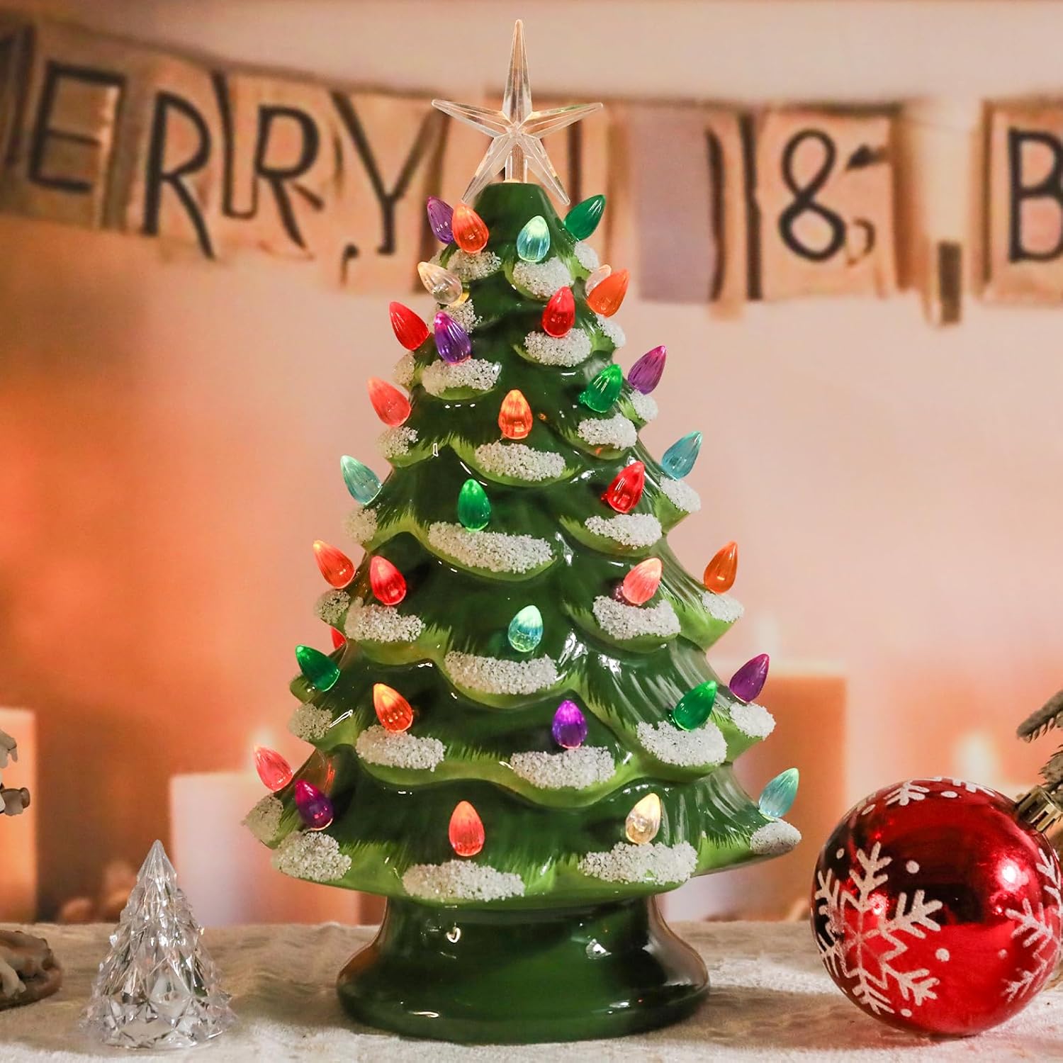 Yinns Ceramic Christmas Tree - Christmas Tree Tabletop Decor for Xmas Decoration Indoor Home Party Supplies, Ceramic Christma Tree Light Up Green-3