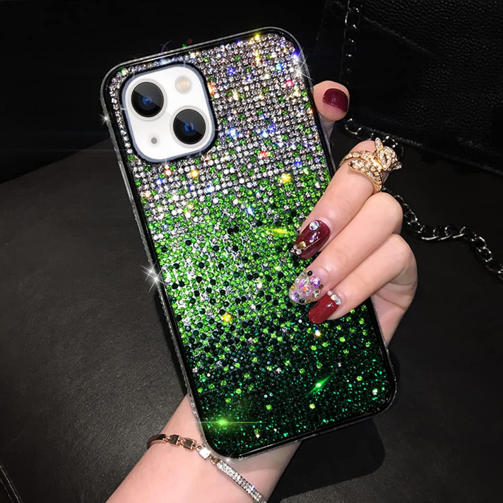 LUVICompatible with iPhone 15 Plus Bling Case Cute Glitter Diamond Rhinestone Shiny Gradient Crystal Bumper Luxury Protective Cover 3D Handmade Cover for Women Girls Plus Green