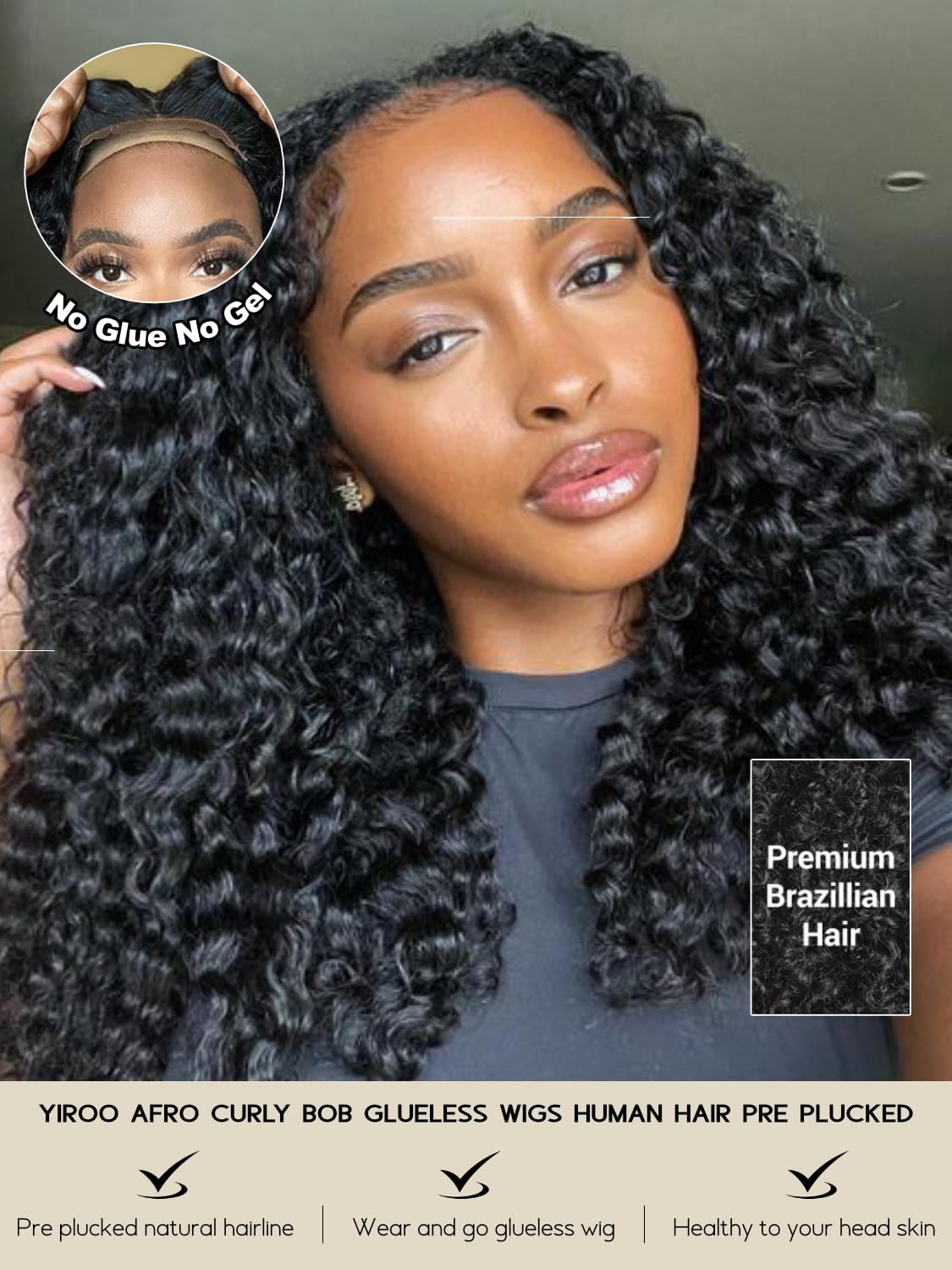 YIROO Curly Human Hair Wear and Go Glueless Bob Wig with Fiber Blend Pre Cut 4x4 Lace Closure 180% Density Pre Plucked Afro Kinky Curly Bob Wigs for Black Women 3S Put On and Go Bob Wigs 14Inch