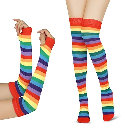 Benefeet Sox Womens Girls Rainbow Stripe Knee High Socks Fingerless Gloves Set Thigh High Socks Sleeves Halloween Costume