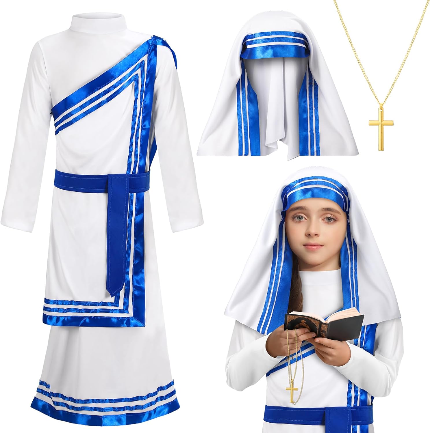 Mary Costume with Gold Cross Necklace Set Girls Saint Costume Dress Christian Bible Nun Dress for Cosplay Size M
