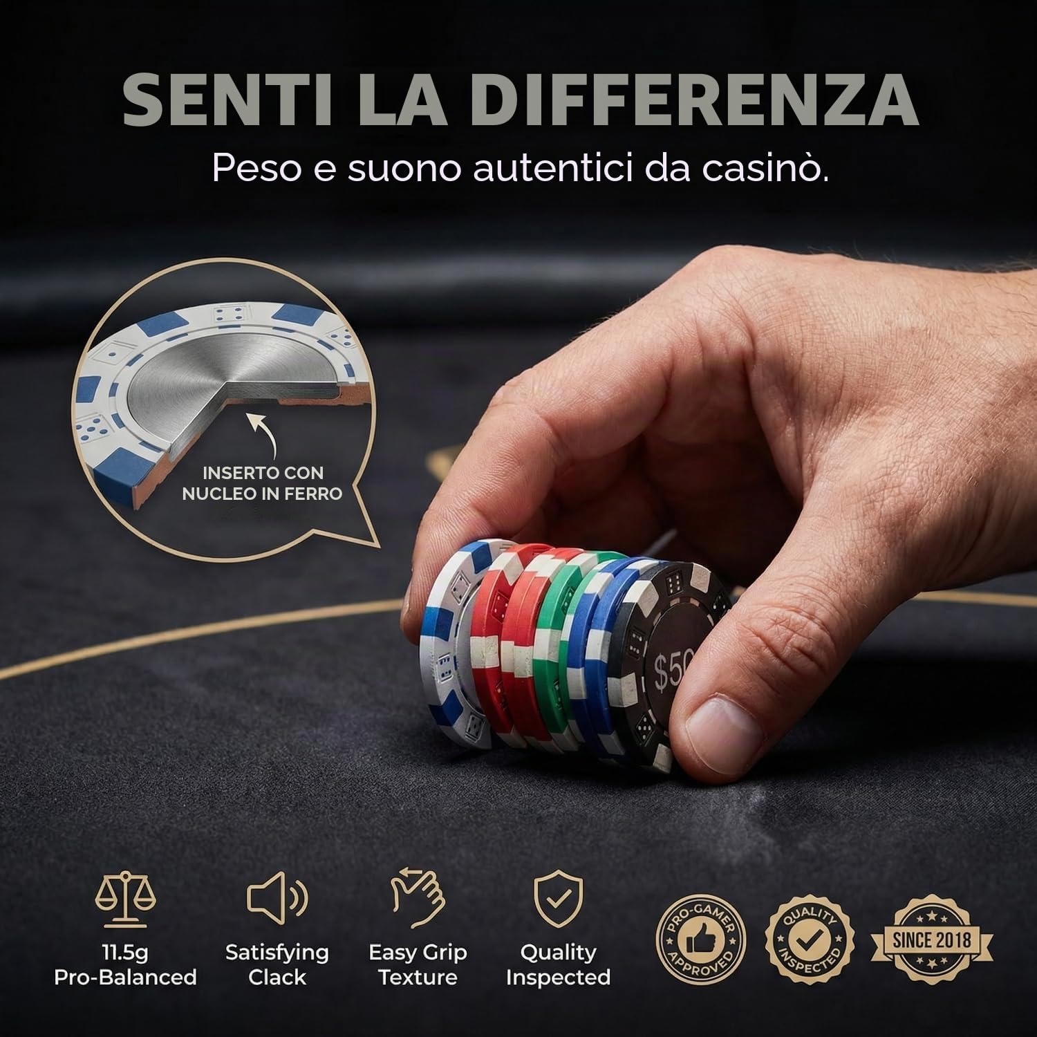 HEITOK Set Poker Professionale 1000 Fiches Numerate 11,5g con Valigetta Alluminio Rinforzata, Carte e Bottone Dealer per Grandi Tornei Texas Hold'em | Per 2-20 giocatori: 2 mazzi di carte, 5 dadi e pulsanti Dealer, Small Blind e Big Blind