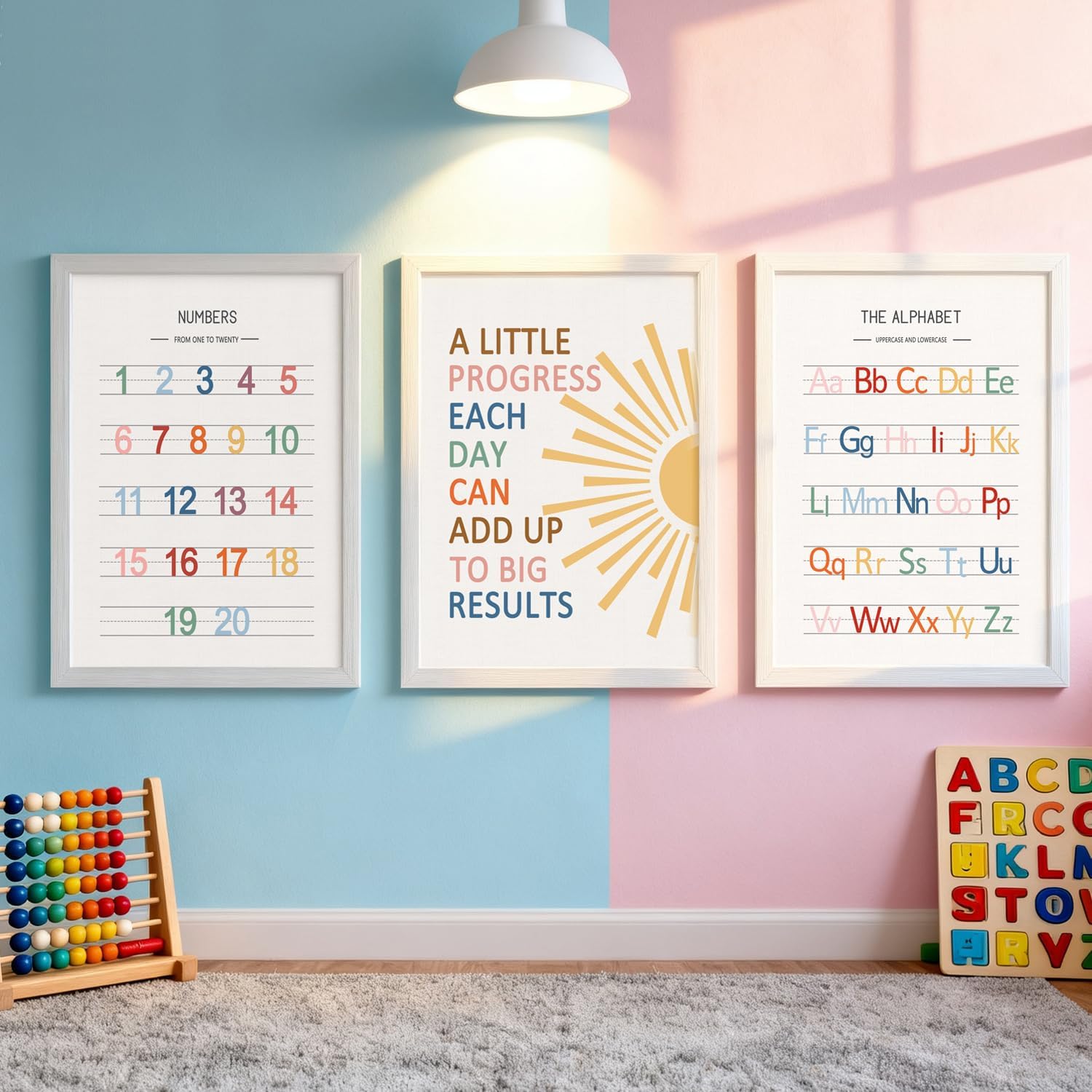 3 PCS Alphabet Numbers Framed Playroom Wall Decor,Classroom Must Haves,A Little Progress Each Day Boho Educational ABC Poster Wooden Sign for Baby Girl Kid Boy Toddlers,Neutral Preschool English Letters Nursery Decor for Homeschool Kindergarten Kids Learning White