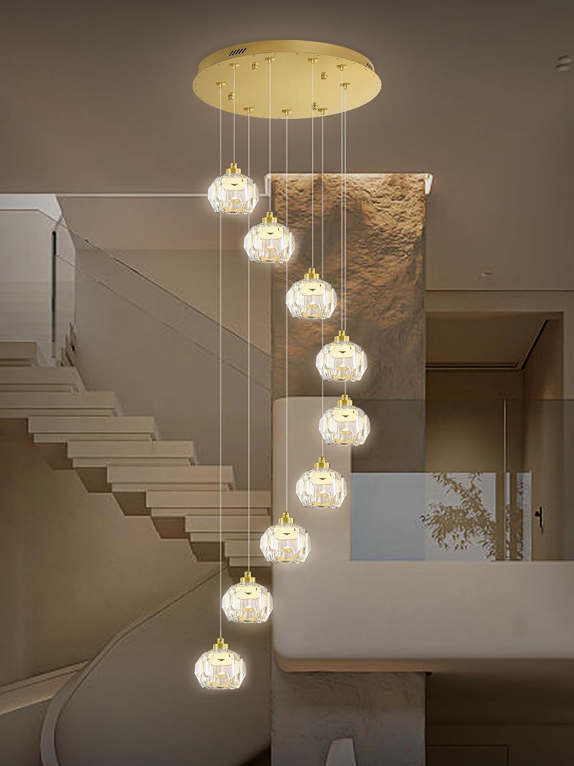 Modern Crystal Ball Chandelier 9-Light Gold Chandeliers for Foyer Entrance Dimmable Crystal Chandeliers for High Ceiling