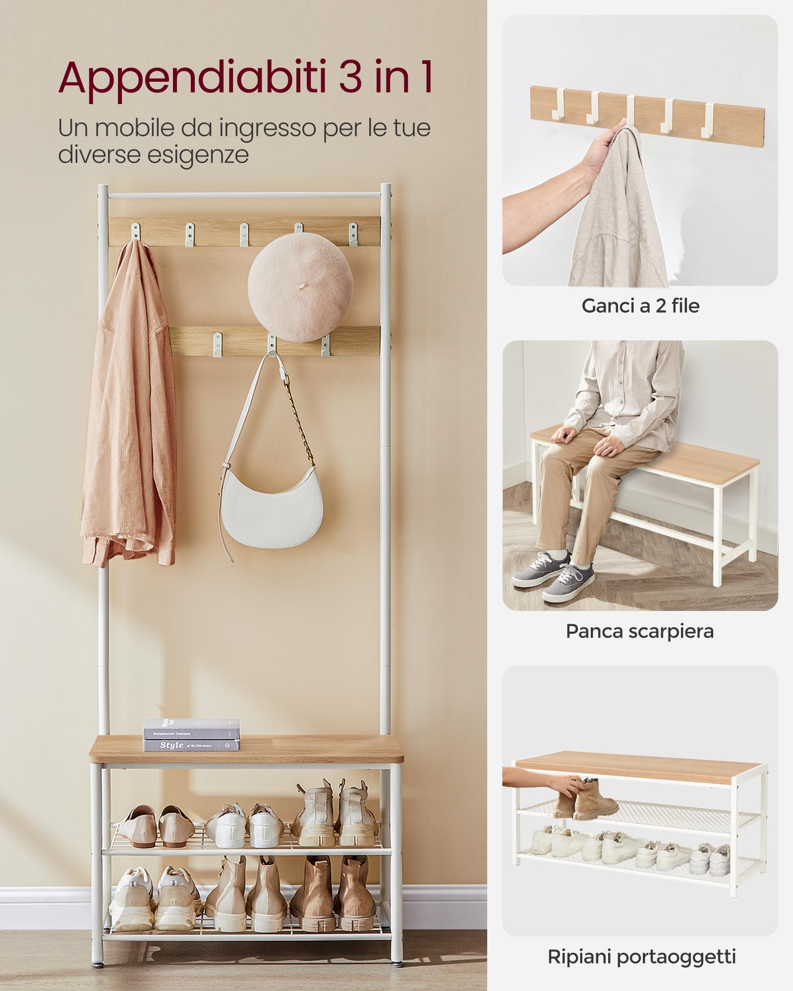 VASAGLE Appendiabiti con Scarpiera, Mobile da Ingresso con Panca, 3 in 1, Struttura in Acciaio, per Entrata Corridoio, 32 x 70 x 177 cm, Stile Moderno, Rovere e Crema HSR041W09