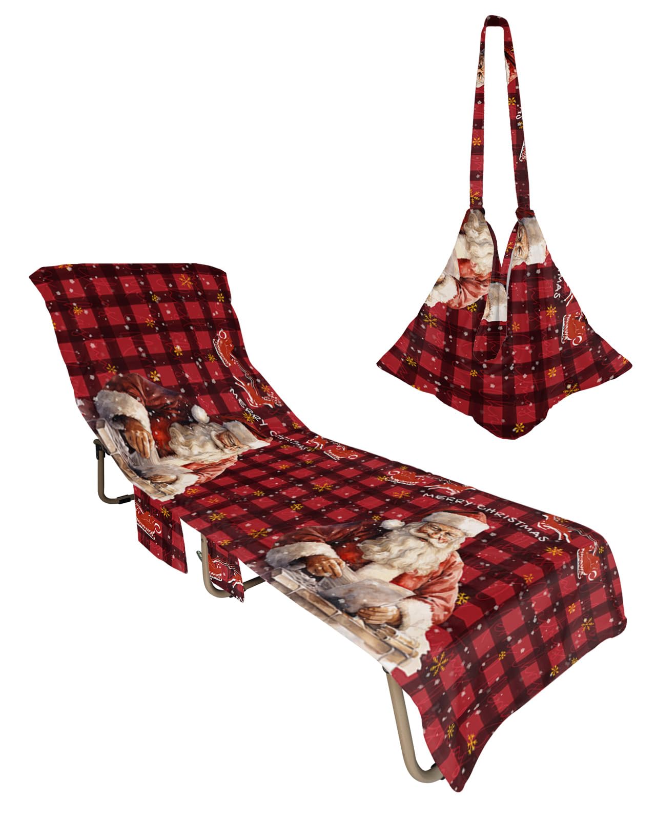 Red Santa Christmas Beach Lounge Chair Towel Cover, Soft Chaise Lounge Towel with Side Pockets Patio Pool Chairs Cover for Beach/Pool Sunbathing 29x85 Xmas Elk Winter Snowflake Red Plaid