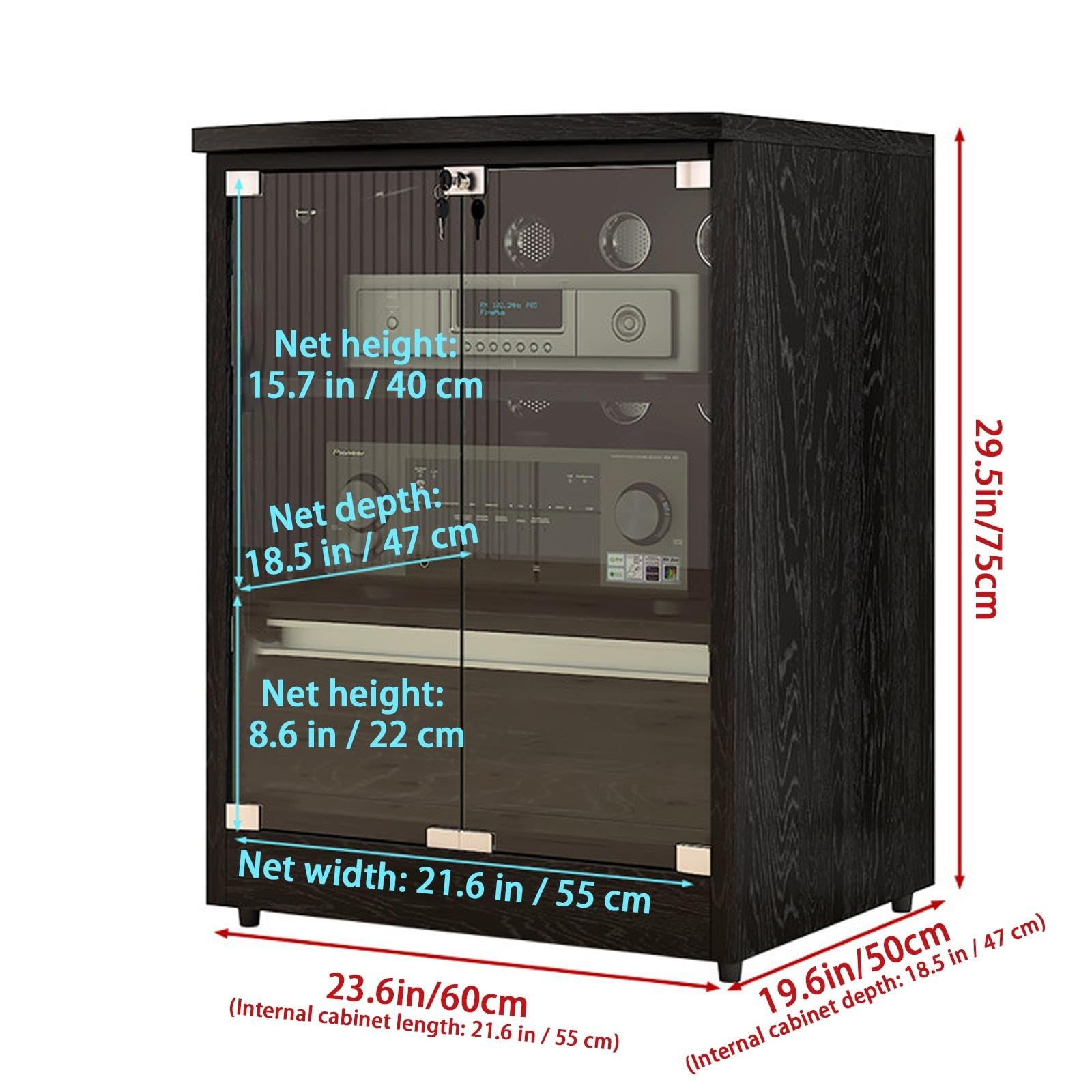 Audio Rackschrank, HiFi Verstärkerschrank mit Schublade und Glastür