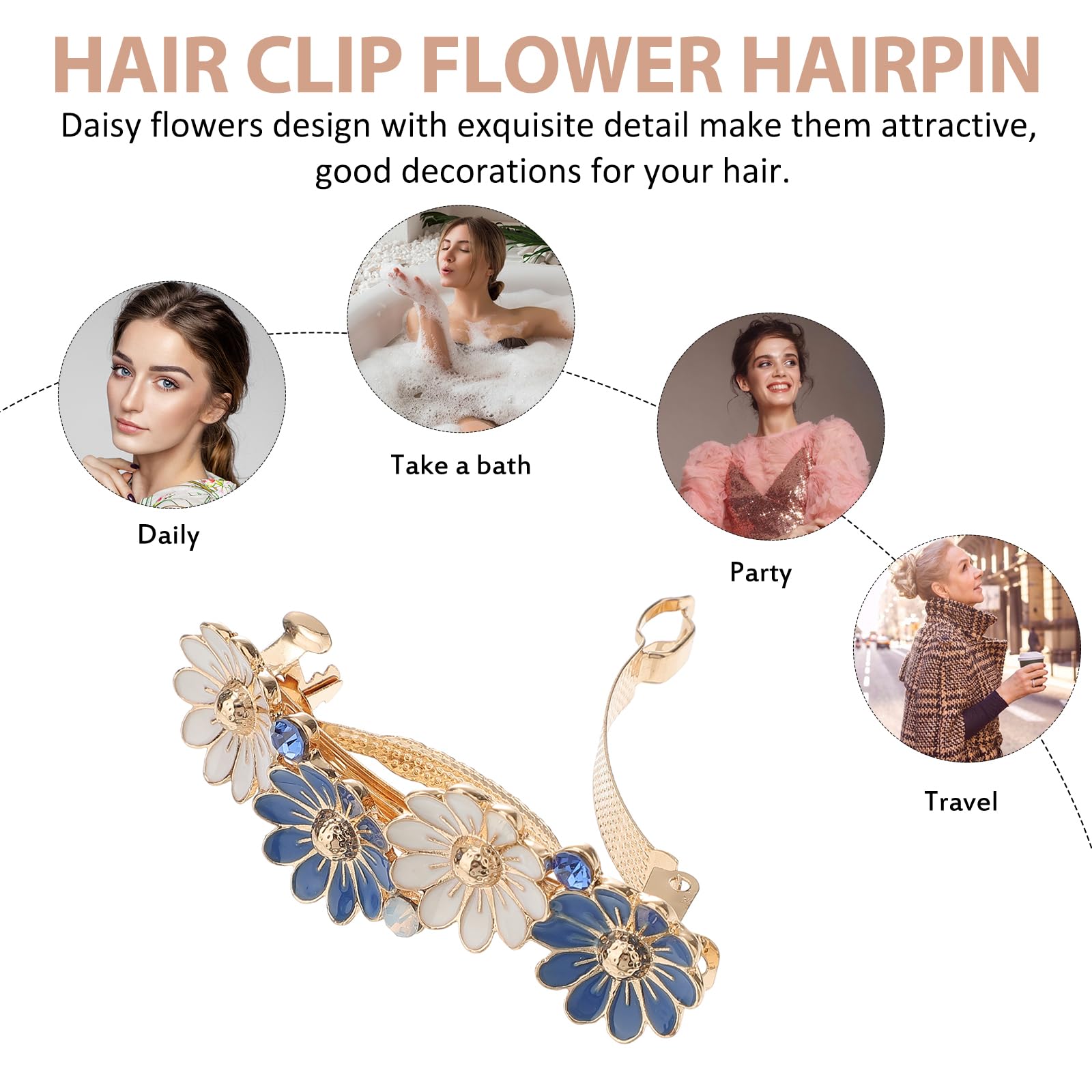 minkissy Blue Flower Hair Barrette Metal Spring Clip 2.4 Inch Vintage Daisy Hair Clip for Women Girls Delicate Navy Blue Accessory for Styling - Image 4