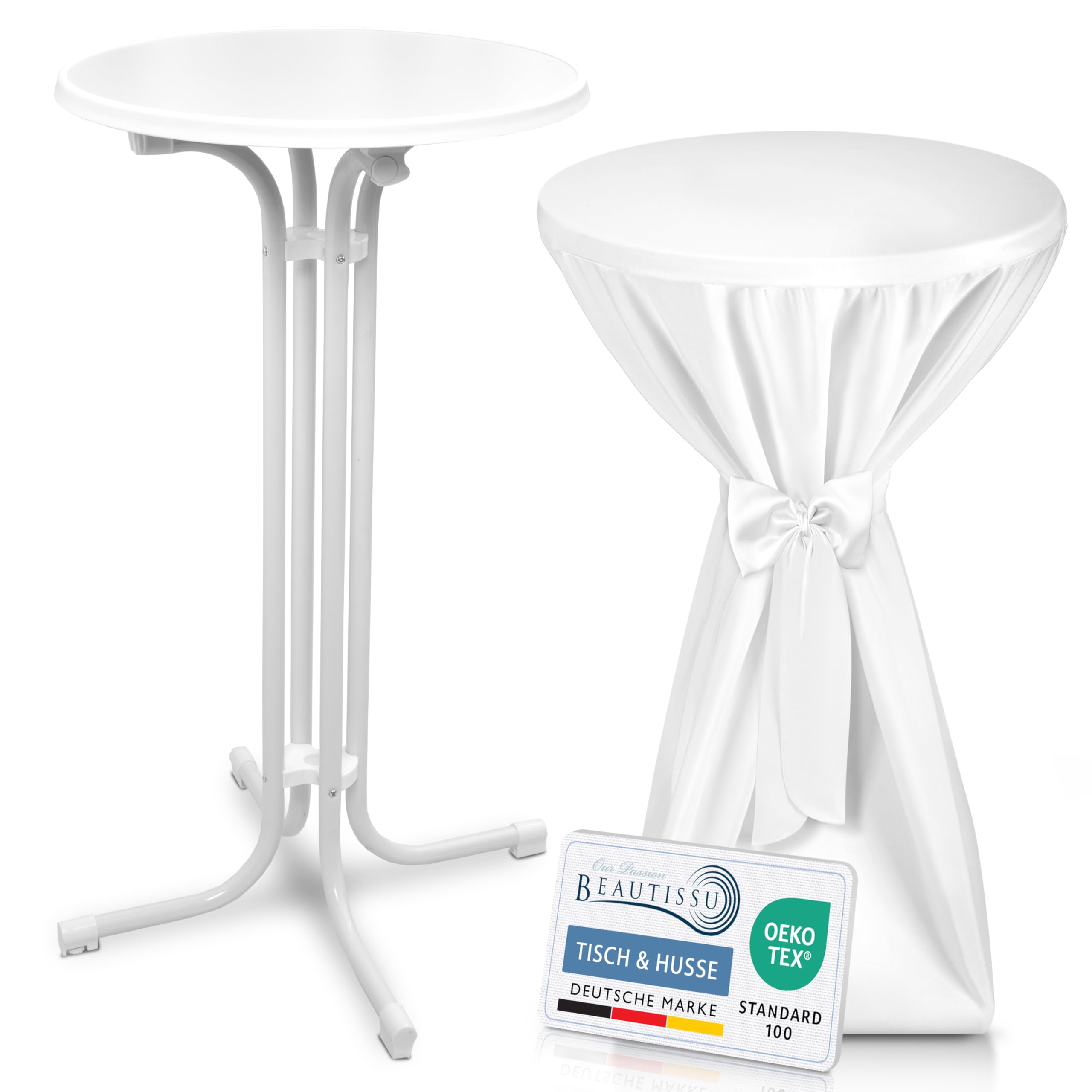 Beautissu Weißer Stehtisch klappbar 60 cm mit Premium Stehtischhusse Weiß & Schleifenband – Wetterbeständig Outdoor Bistrotisch rund Kratzfest UV-beständig – Husse rutschfest waschbar – Bellini