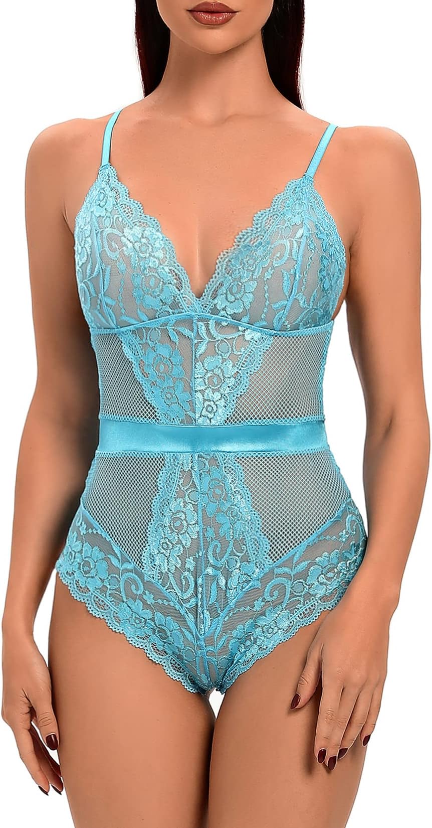 Garmol Women Lingerie One Piece Teddy Fishnet Lace Bodysuit Corset Plus Size Vintage Lingerie Set Classy Romper, (Blue, XX-Large)