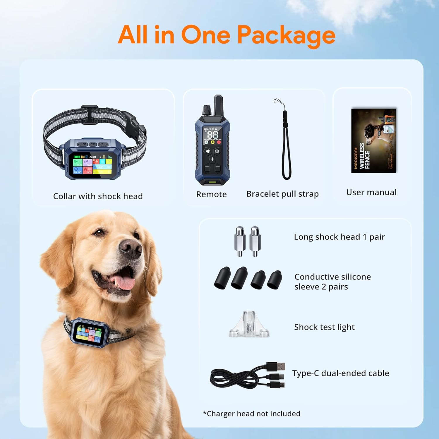 meowant gps wireless dog fence & dog training collar with remote & free app, 82-7000ft adjustable range electric fence, 3 training modes, waterproof lcd collar for dogs 10 lbs+ outdoor,blue