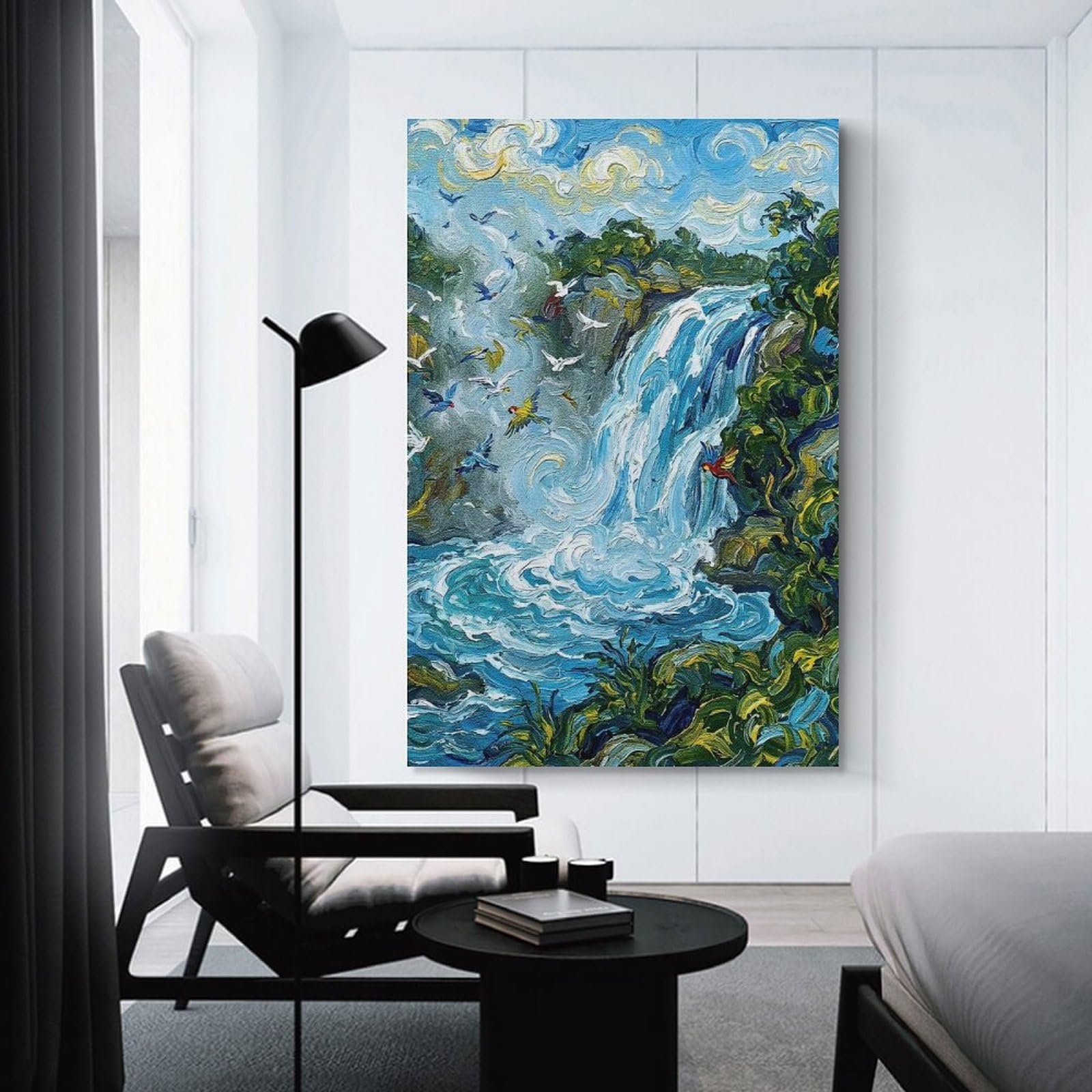 Junmoney Waterfall And Birds Impressionistic Painting Wall Art Print, 24x36inch(60x90cm), for Entryway, Lounge Links Or Small Walls, Decorative Canvas Styling for Entry Areas