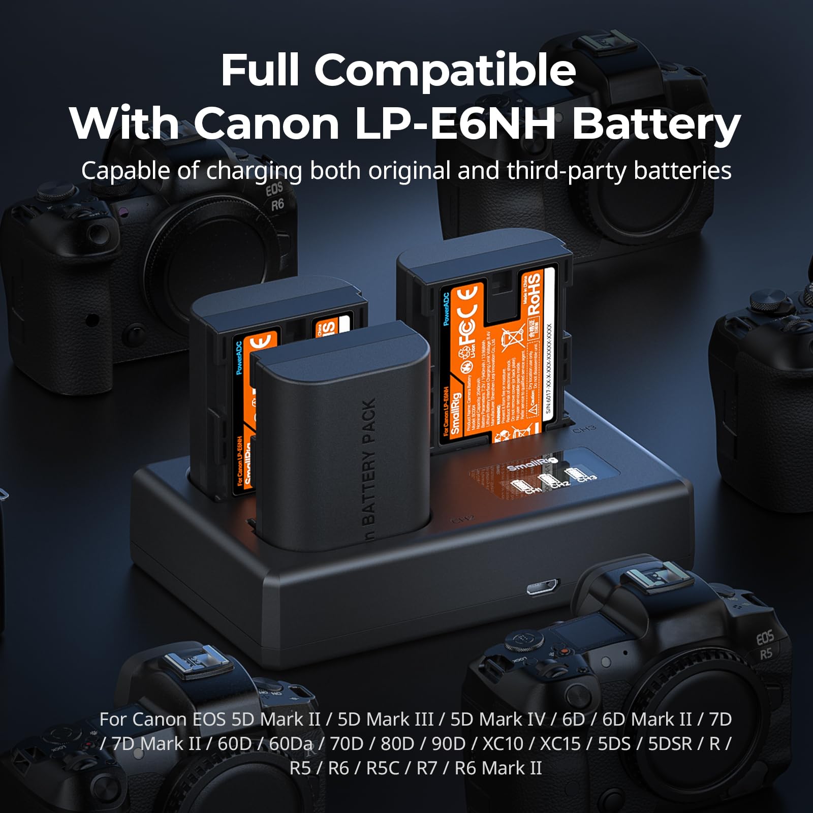 SMALLRIG Kit de Batterie LP-E6NH appareils pour Canon, Chargeur LCD Triple Emplacement avec 3 Batteries 1940 mAh, décodage Complet pour Canon EOS R6 Mark II, R5, R6, R7, R5C, 5D Mark II/III/IV -6017