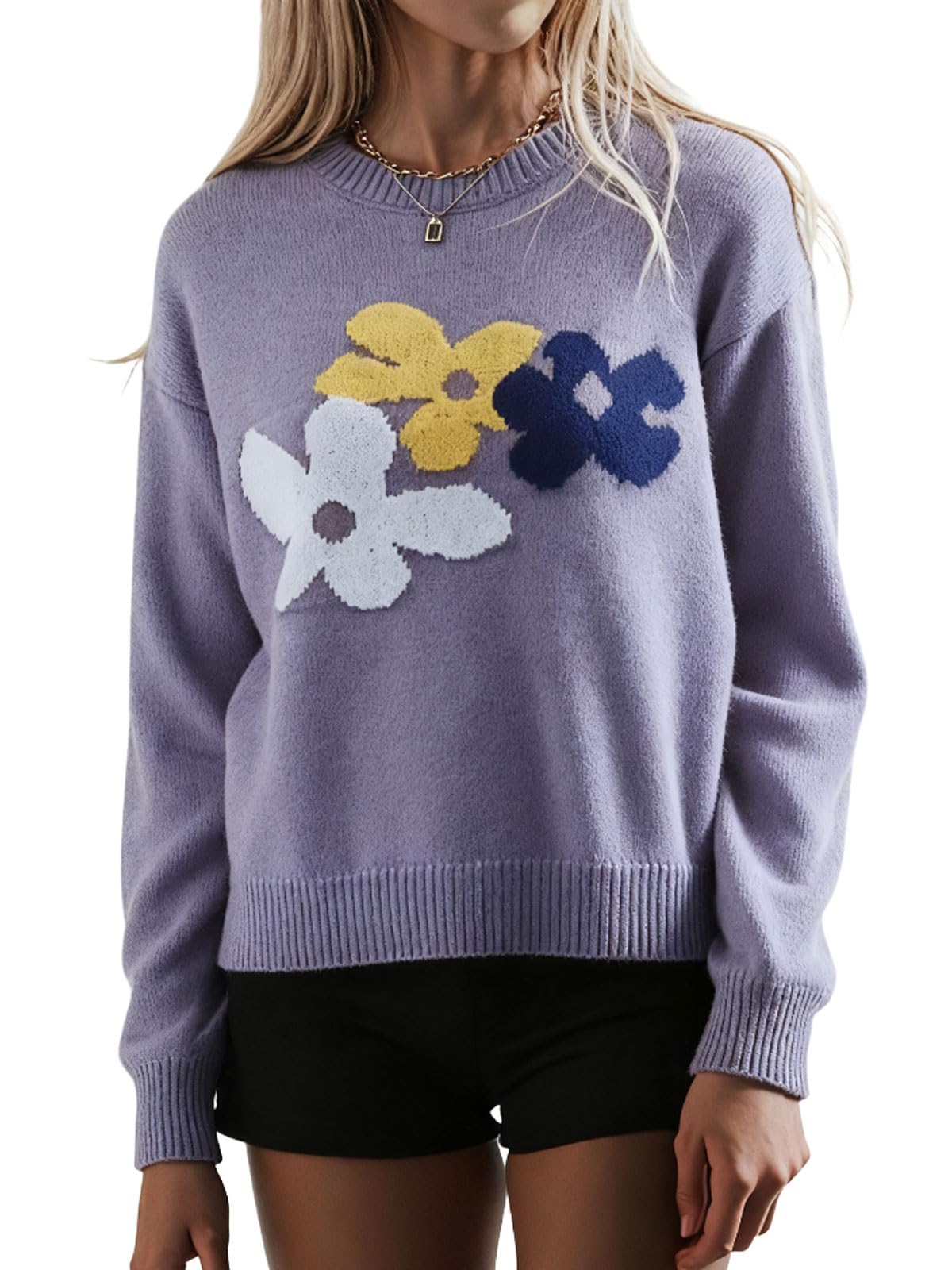CHARTOU Womens Oversized Knit Sweater Fall Fashion Floral Pullover Tops Cute Crewneck Jumper