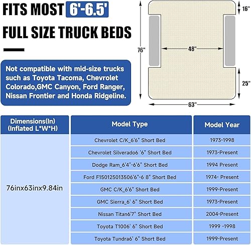 Vista 38 de Umbrauto Colchón de aire para platón de camioneta de tamaño estándar de 6 a 6.5 pies, inflable, para dormir en exteriores, tienda de campaña, Negro