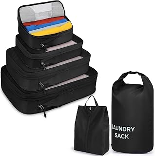 Lubardy Compression Packing Cubes 6 Set, Polyester Waterproof Travel Organizers, Foldable Compression Packing Cubes for Carry-on Luggage with 4 Compressible Luggage Cubes, Shoe Bag & Laundry Bag