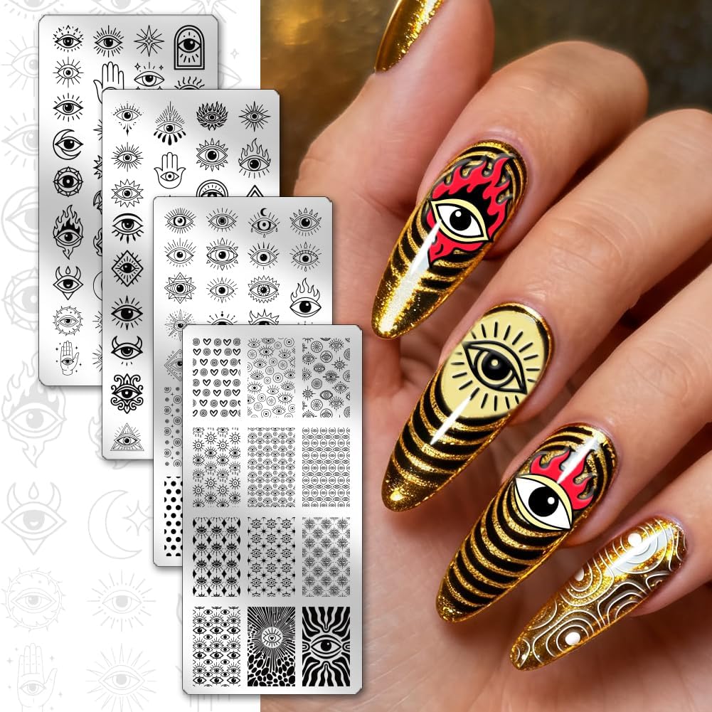 PH PandaHall 4pcs Evil Eye Nail Stamping Plate Spooky Nails Arts Stencils Mystical Nail Stamper Decorative Eyes Nails Art Templates Manicure Image Plates for Women DIY Manicure Design Printing