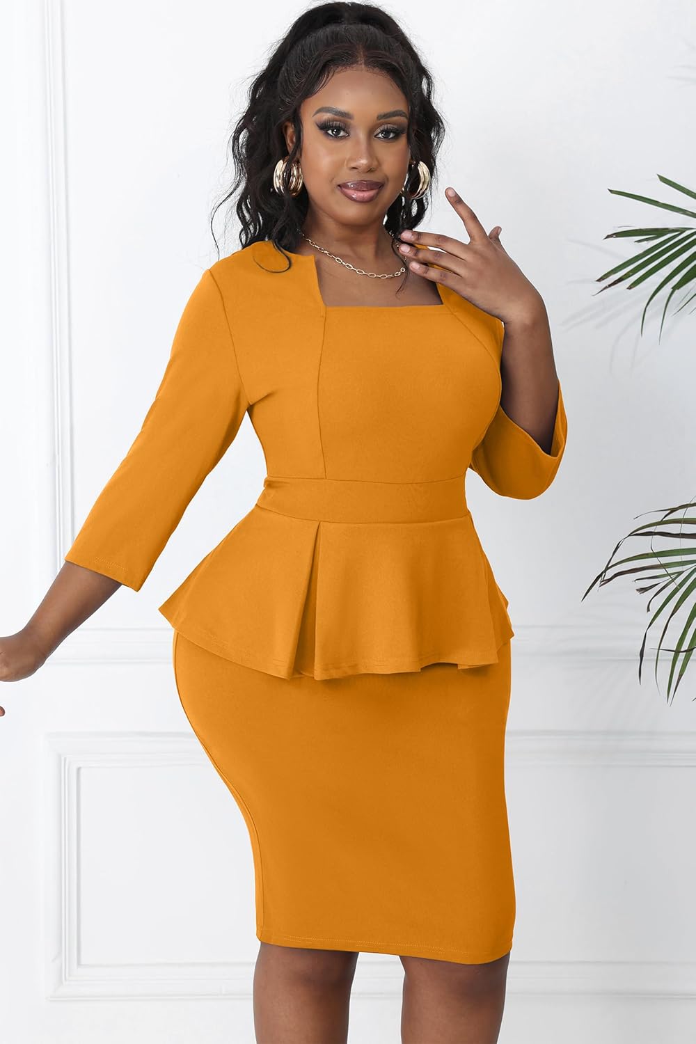 Runwind Plus Size Dress for Curvy Women Midi Church Wear to Work Bodycon Vintage Peplum 3/4 Sleeve Sheath Pencil Dress - Image 4