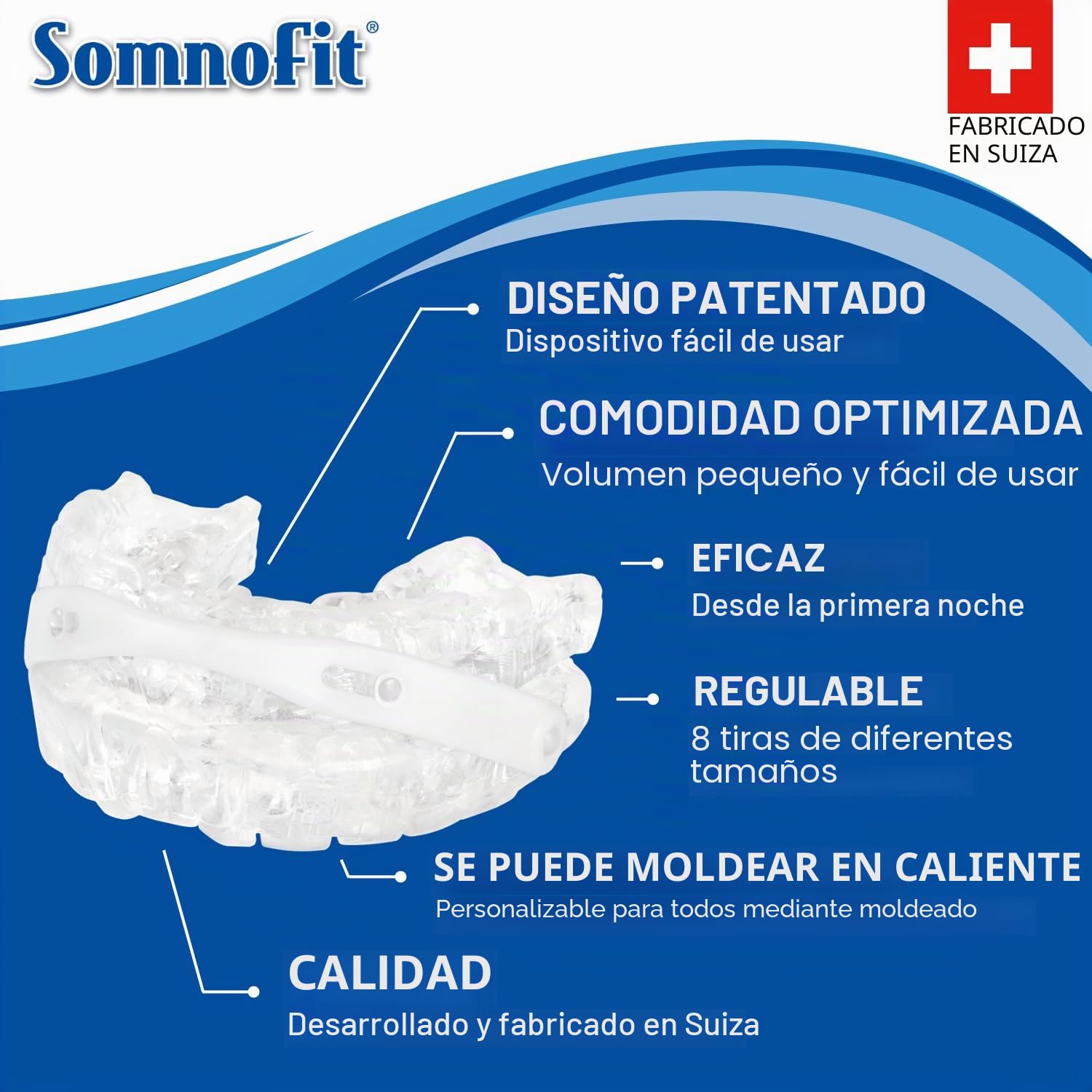 Somnofit – Ortesis antironquidos y apnea – Canal dental flexible y termoformable – Diseño patentado, gran comodidad – Ortesis mandibular fabricada en Suiza