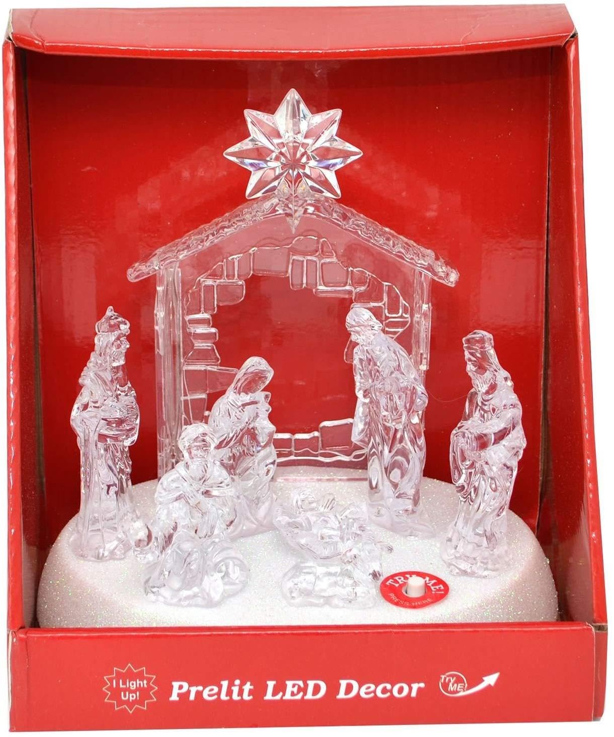 Shatchi Men's Clear 20Cm Christmas Pre-Lit Led Musical Nativity Scene Acrylic Sculpture Battery Operated Light Up Xmas Tabletop Home Decorations