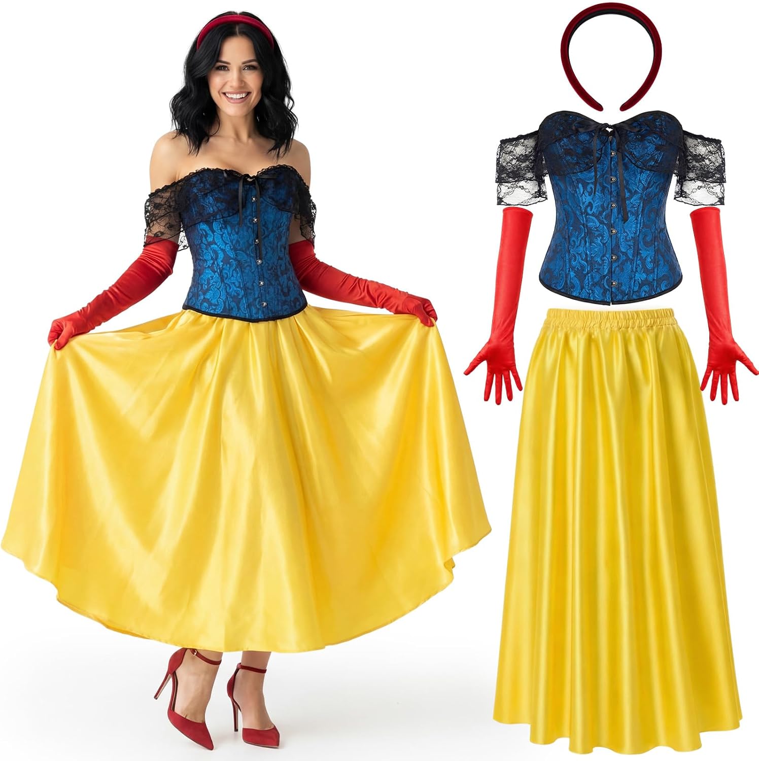 Shyyween 4 Pcs Princess Costume for Women Corset Skirt Headband Long Gloves for Cosplay Party Outfit Daily Wear