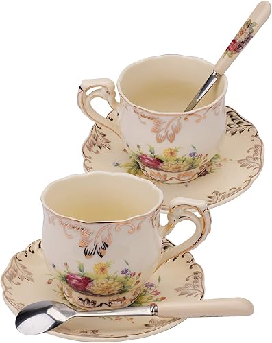 Miniatura 7 de Foraineam Juego de 2 tazas de té y platillo, 8 oz. Arbustos florecientes de cerámica marfil Taza de té de porcelana floral elegante juego de taza de