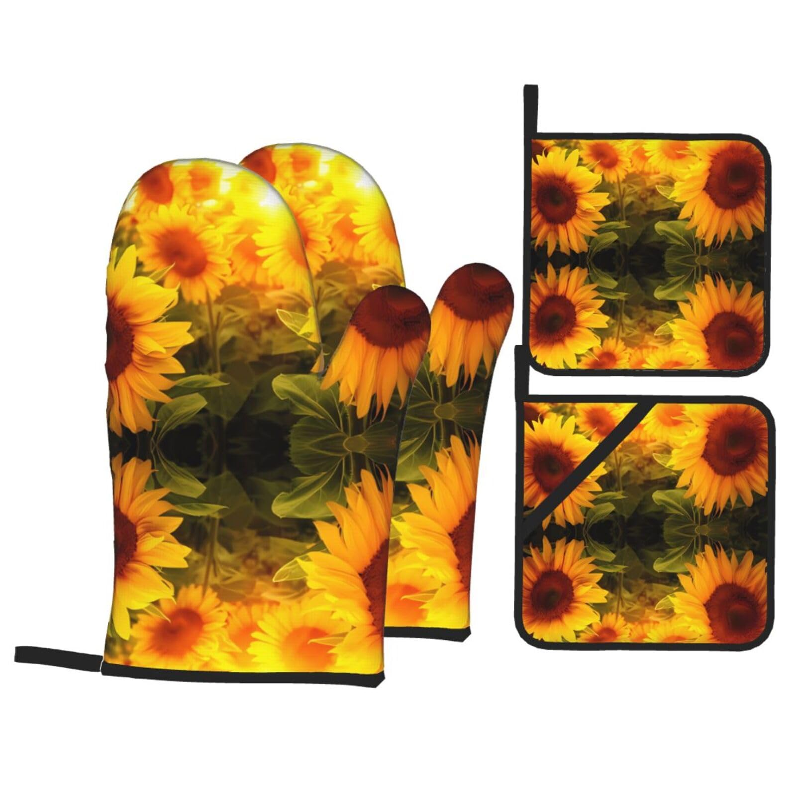 HJFCZH Sunflower Prints Kitchen Covers: Waterproof Oven Layers for Safe Cooking & Easy Cleanup - 4 Piece Heat Protection Set