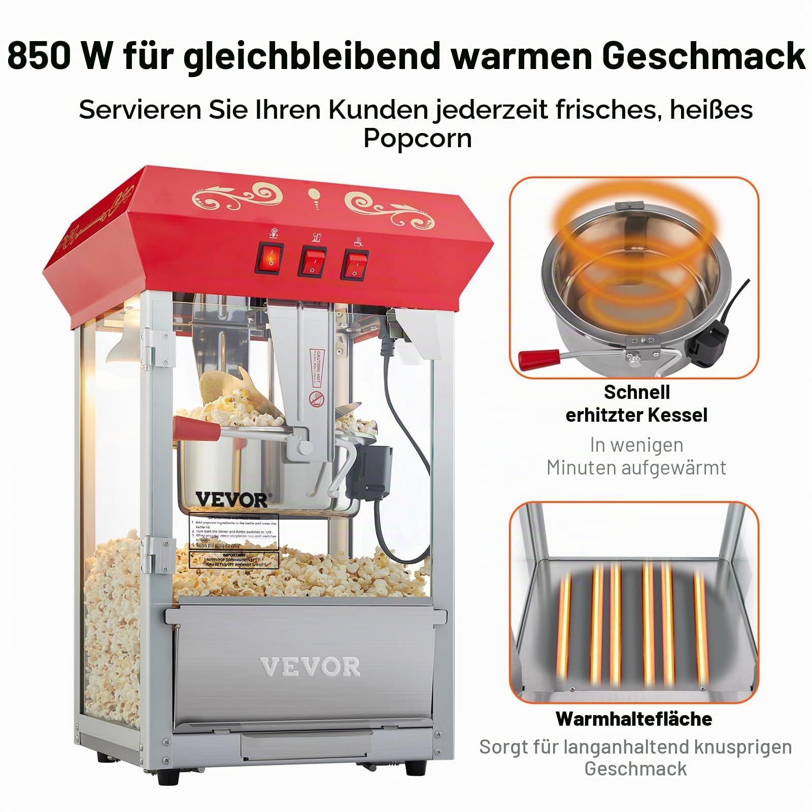 VEVOR Popcornmaschine Popcornautomat Popcorngerät 850 W, 8 oz Kessel für 48 Tassen pro Ladung, Popcornmaschine für die Arbeitsplatte mit gehärtetem Glas, inklusive 4 Schaufeln Maschine mit Kino-Stil