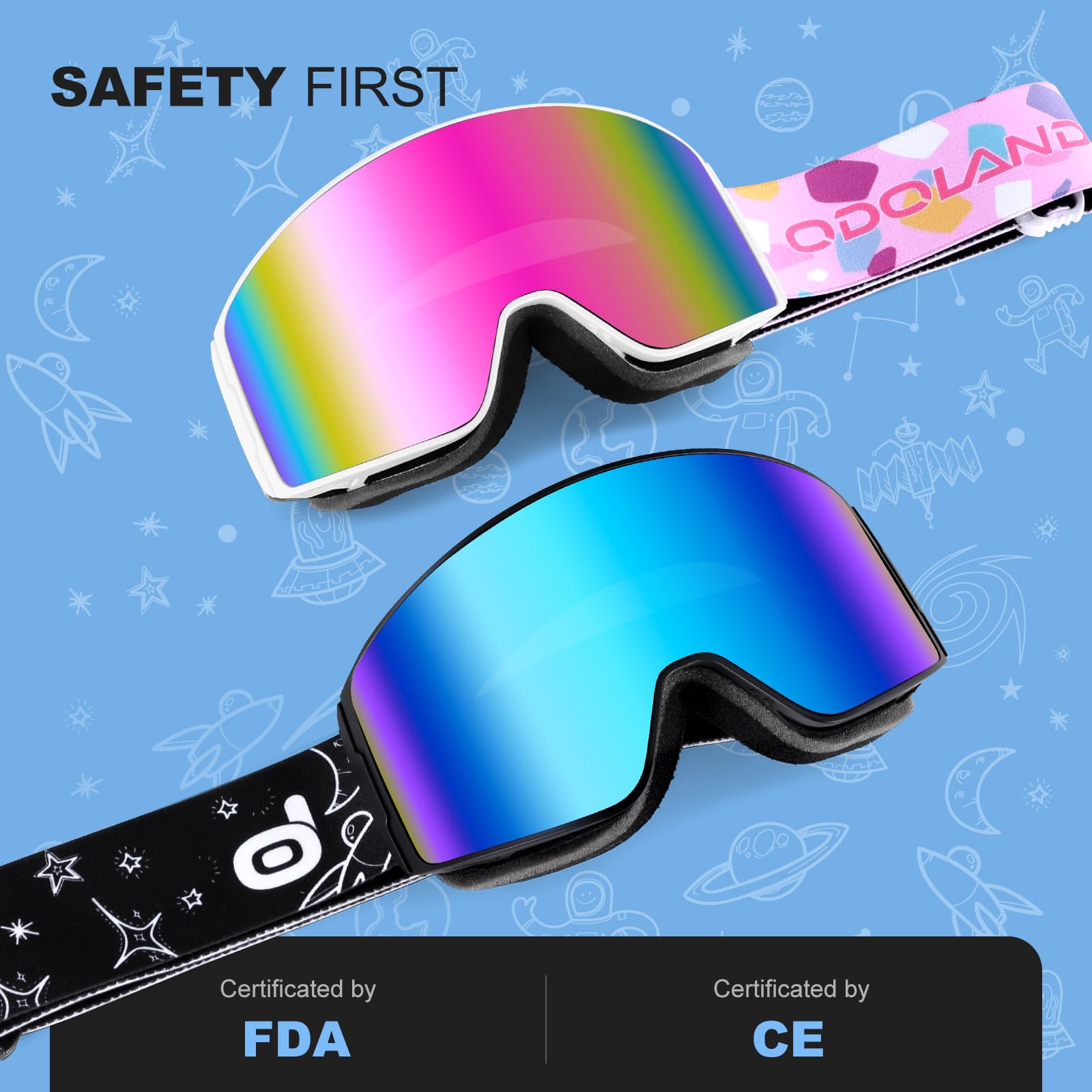 Odoland Occhiali da Sci per Bambini, Occhiali da Snowboard Cilindrici, Anti-appannamento, Anti-UV, Antivento a Vista Larga per Ragazzi e Ragazze, compatibili con Casco