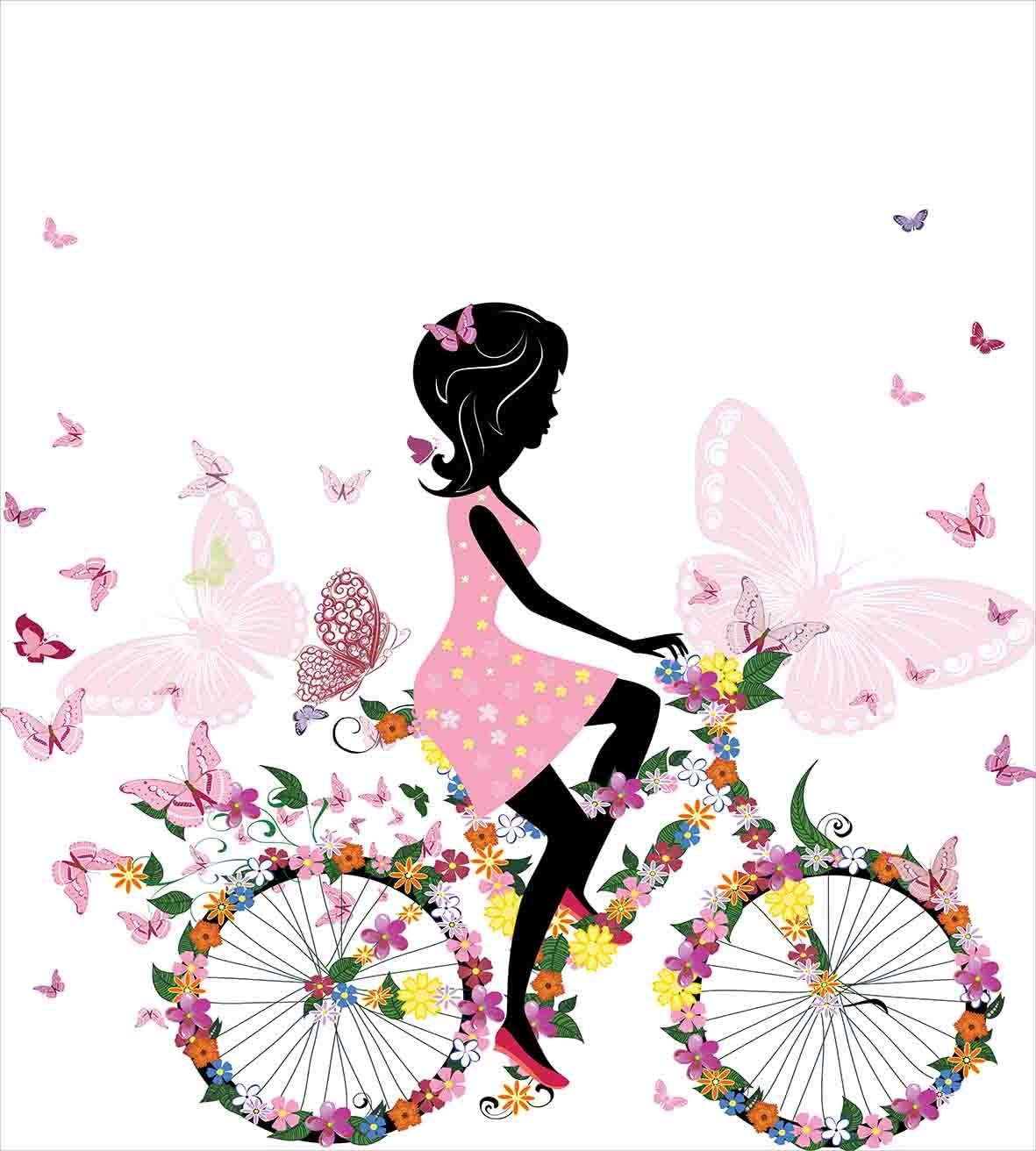Ambesonne Bicycle Duvet Cover Set, Girl in a Pink Dress Riding a Bike with Colorful Flowers and Romantic Butterflies, Decorative 3 Piece Bedding Set with 2 Pillow Shams, Queen Size, Multicolor Pink King Multicolor Pink