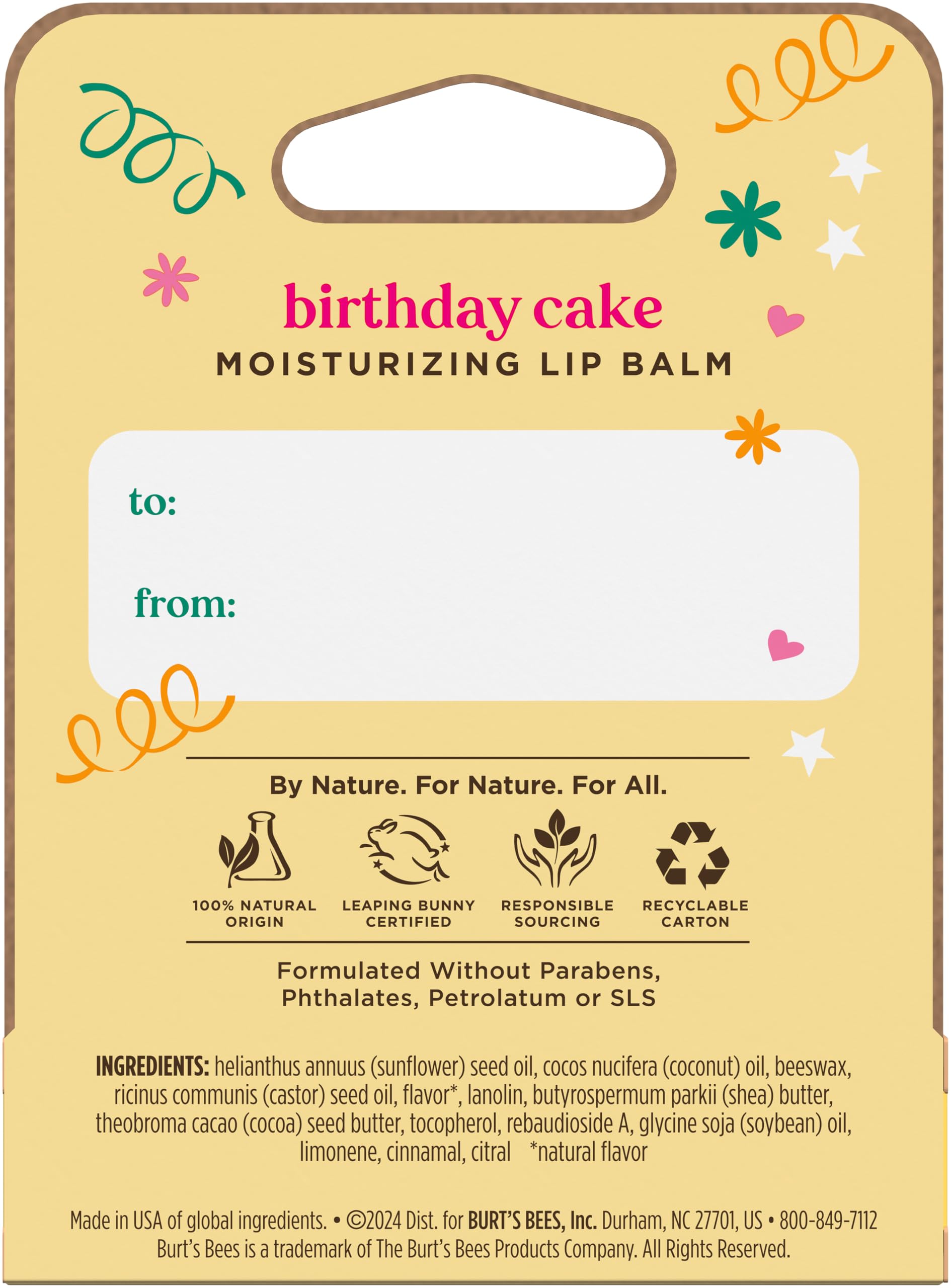 Burt's Bees Birthday Cake Lip Balm, Tint-Free, Natural Origin Lip Care, 1 Tube, 0.15 oz.