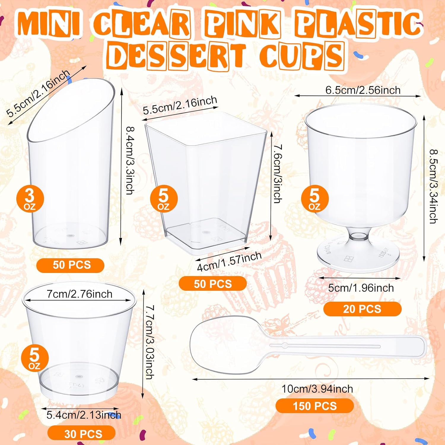 300 Pack Clear Mini Plastic Dessert Cups with Spoons 5oz 3oz Square Slanted Parfait Appetizer Shooter Round Goblet for Birthday Party Dessert Table Pudding Ice Cream Fruit Cake Yogurt