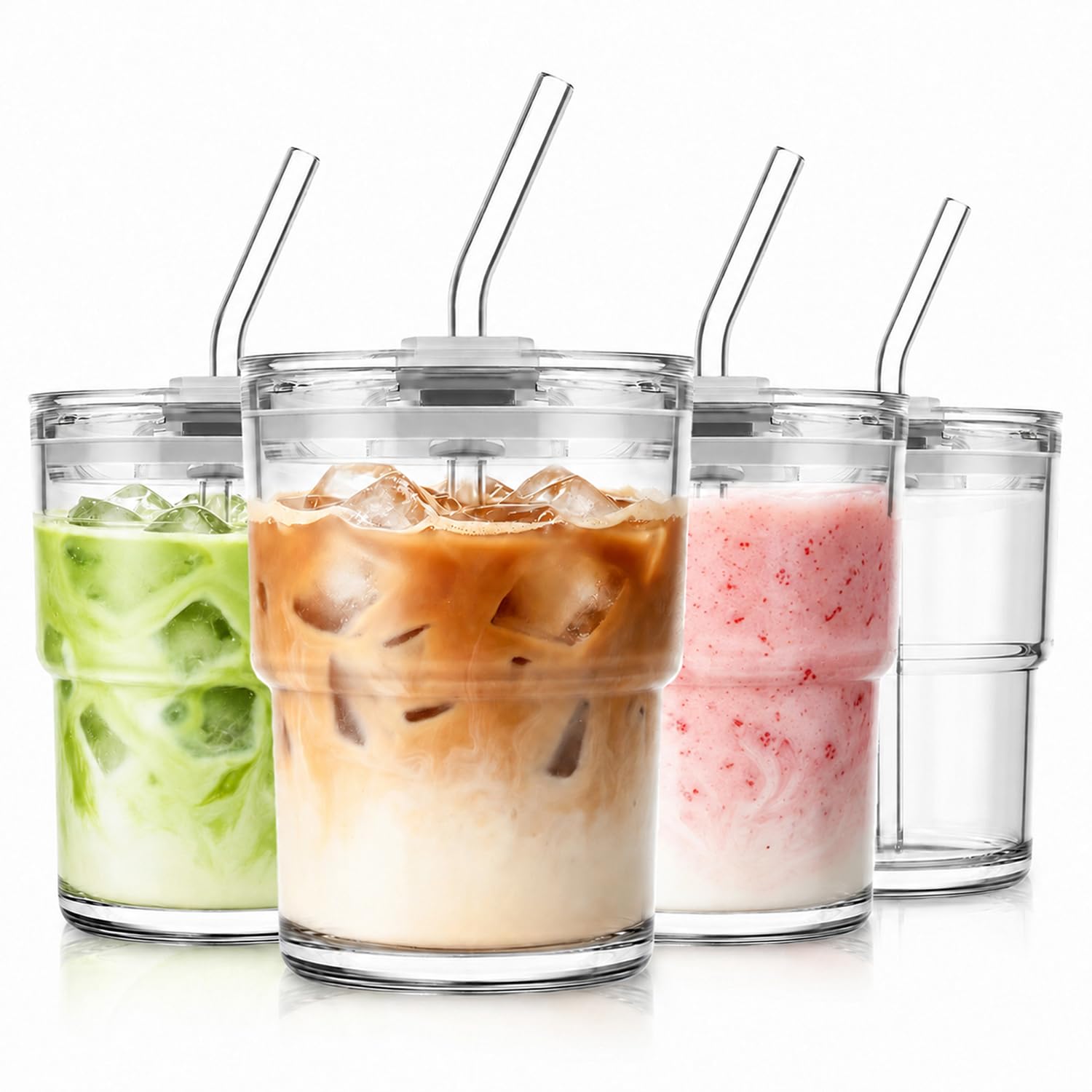 KEMORELA 4-Pack 13oz/400ml Glass Tumbler with Straw and Lid Sealed, Carry On Reusable Iced Coffee Cups, Thick Wall Glass Coffee Drinking Glassware Cups