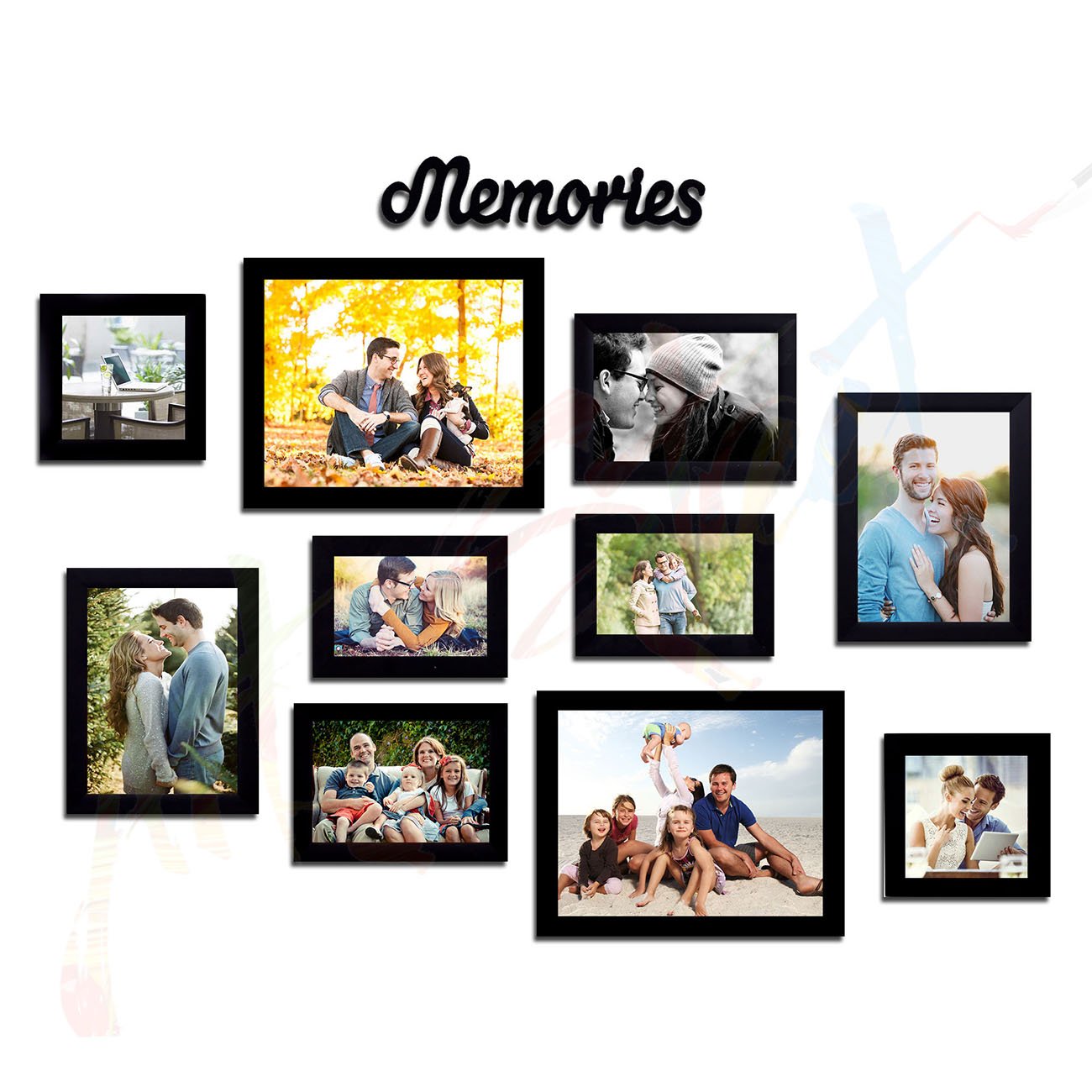 Art Street - lovely Memories set of 10 individual Black wall photo frame Mix size (5x5, 4x6, 5x7, 6x8, 8x10) with memories MDF plaque