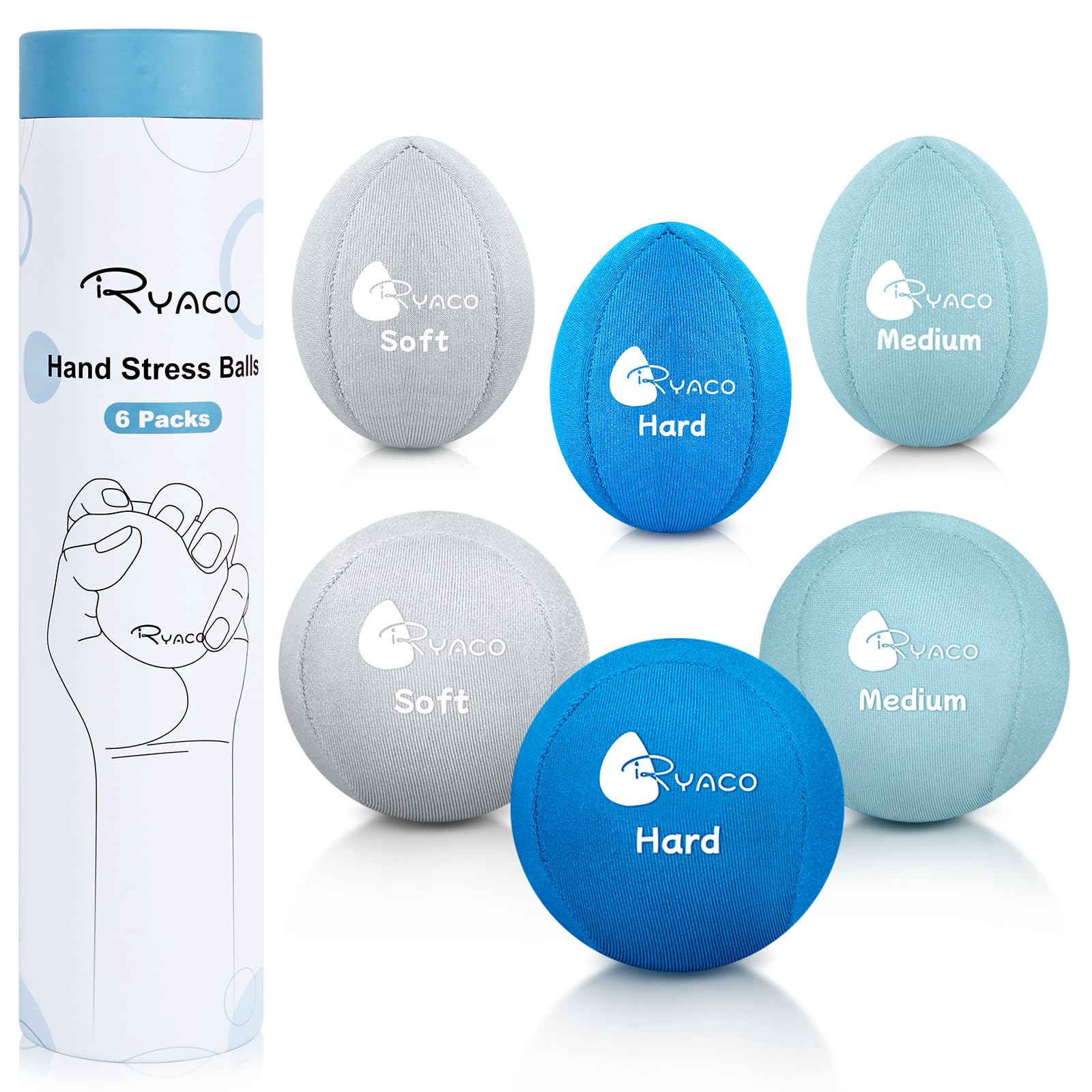RYACO Stress Balls for Adults, 6 Pack Hand Exercise Therapy Balls, Soft, Medium, Hard Tri-Density - Anxiety Relief, Resistance Training, Easy Squeeze, Grip Strength