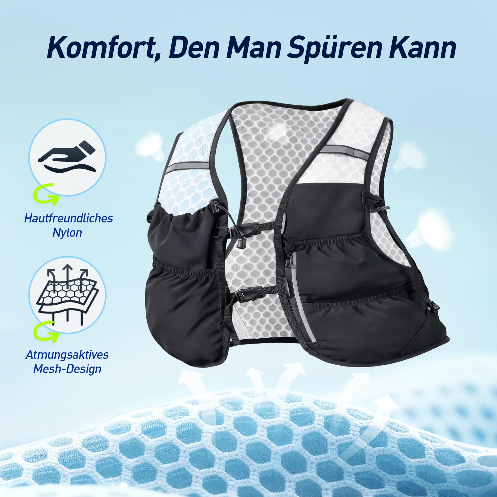 AGPTEK Laufweste für Damen & Herren, Verstellbare Brustgurte Laufrucksack, Leicht Trinkweste mit 2L Trinkflasche, Laufweste reflektierend für Jogging, Trailrunning, Fahrrad, Marathon, Schwarz (M)