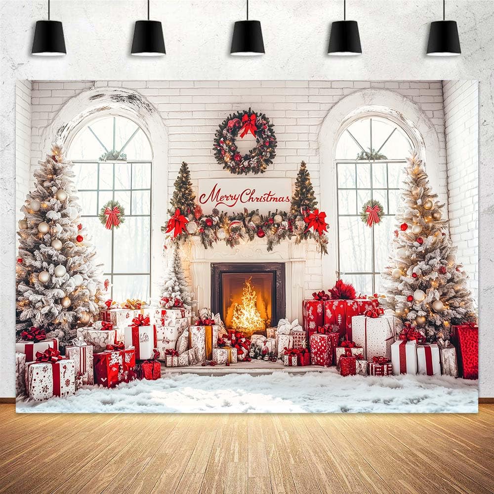 12x10ft Christmas Fireplace Backdrop - Vintage Xmas Tree Wall Decor For Photography