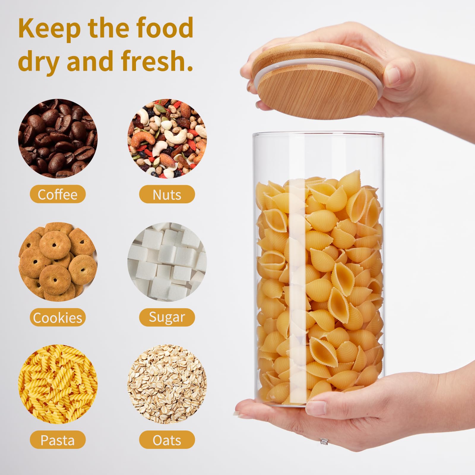 Juegos de recipientes para la cocina (juego de 5), perfectos para pasta, galletas, frutos secos, café, cereales, harina y más, organiza tu cocina y despensa con estos tarros de vidrio sin BPA