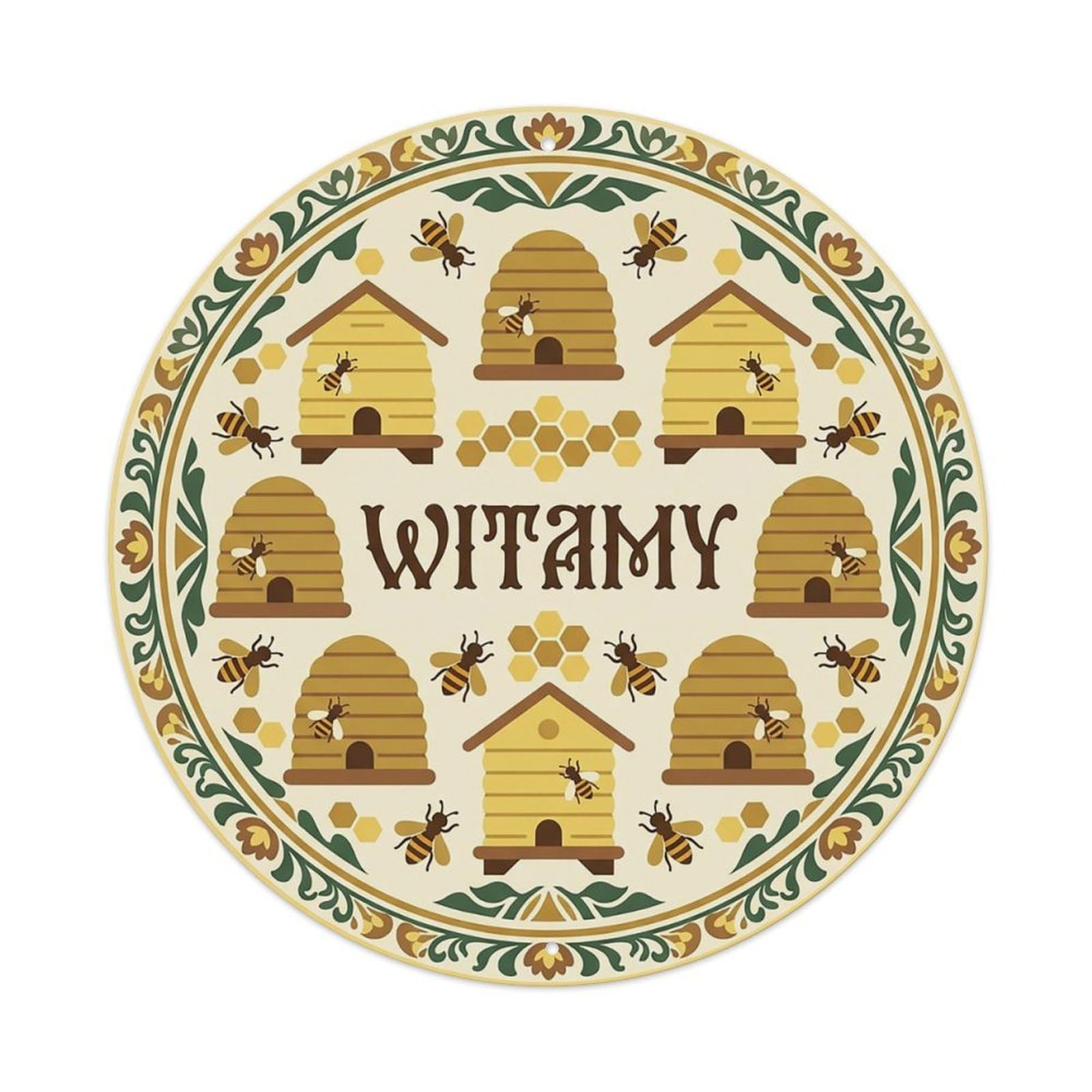 Vintage Polish Folk Art Witamy Welcome Beehive Honey Metal Tin Sign