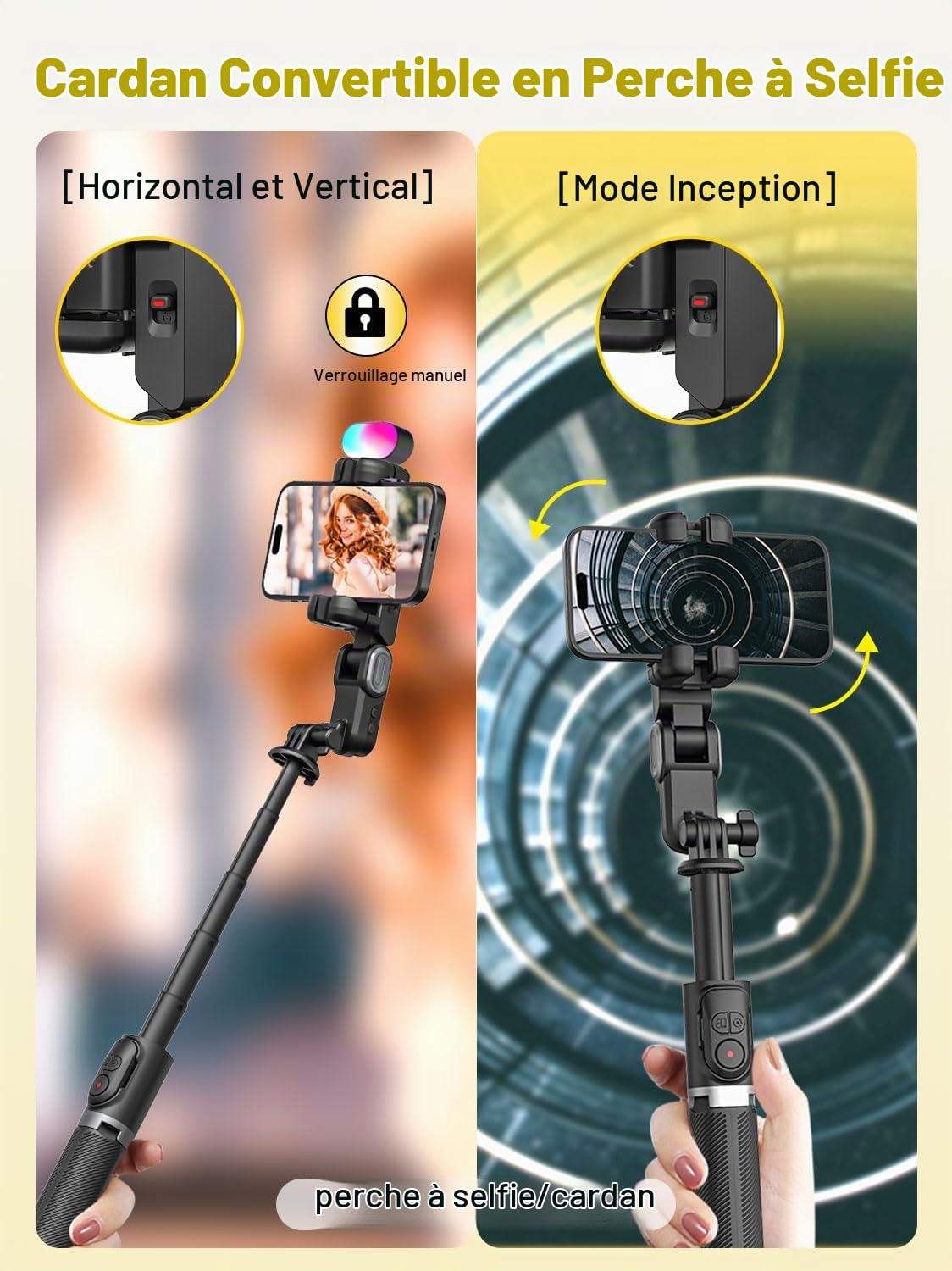 Stabilisateur de cardan avec Suivi du Visage sans Application, stabilisateur RVB 4 en 1, trépied portable pour iPhone et Android, Extension de 108 cm, AOCHUAN
