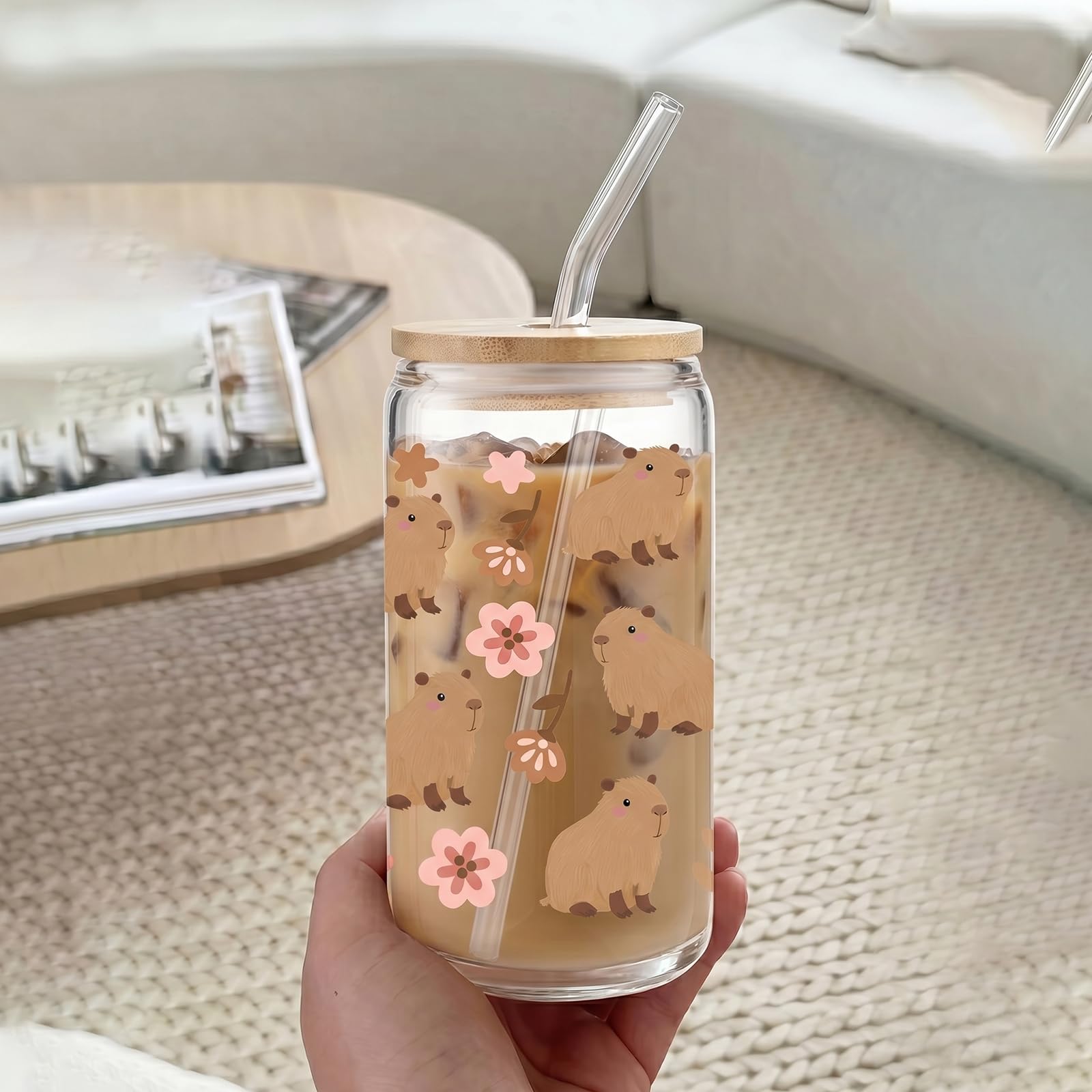 Capybara Tazza, Bicchiere con Coperchio E Cannuccia, Motivo Capybara E Fiori, Vetro A Tema Animale per caffè, Contenuto 470ML, Bicchiere Cartoon(B)