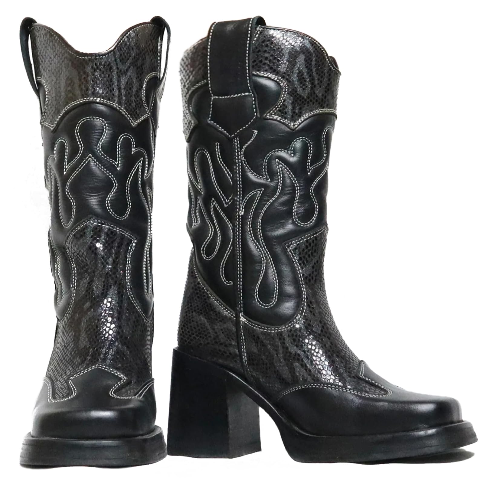 KISTANIA Platform Boots for Women Chunky Heel Square Toe Cowboy Boots