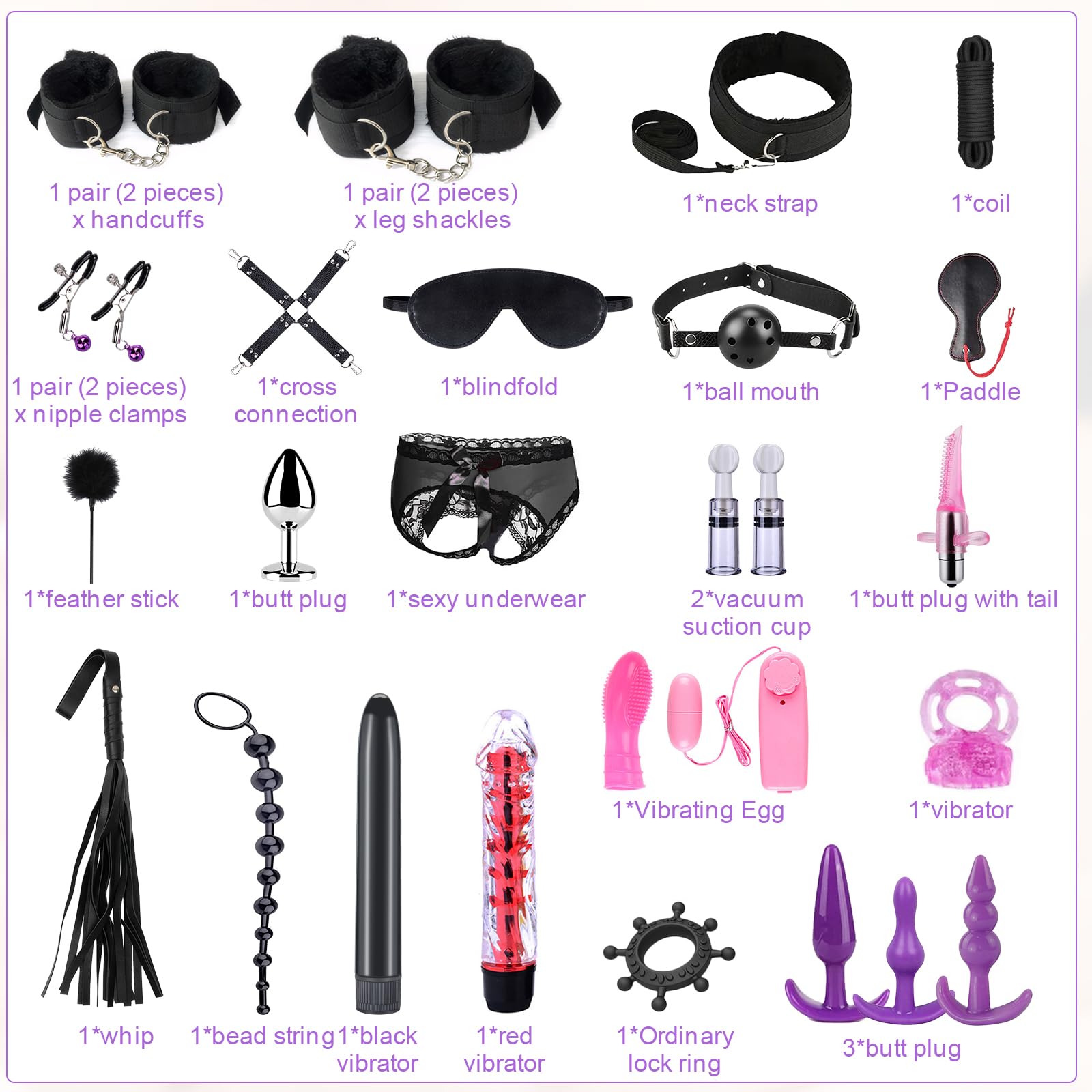 Kit de bondage SM Oziral de 26 piezas juego de bondage para cama BDSM juguetes sexuales para parejas juego BDSM para principiantes accesorios para mujeres con tapón anal juego sexual para pareja Negro