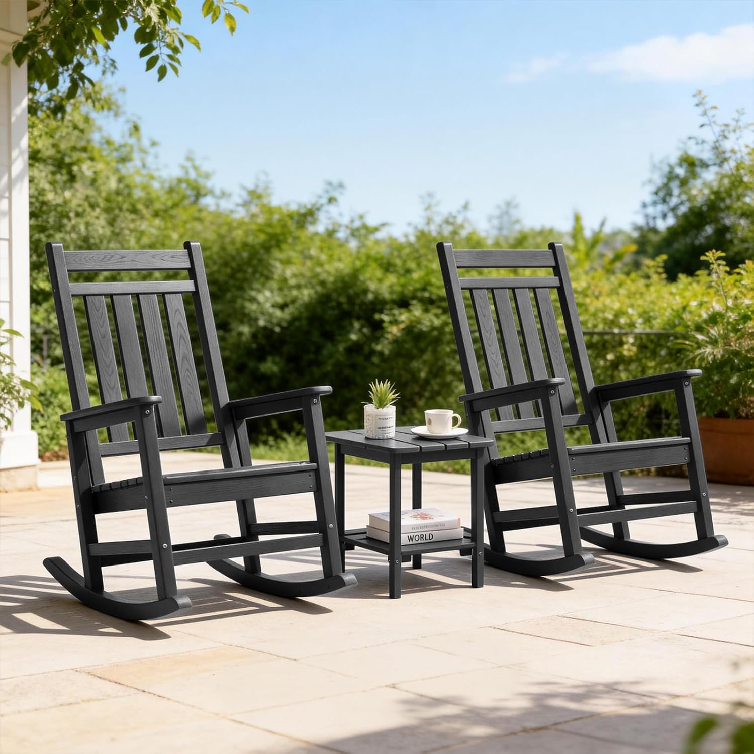Furnimart Oversized Rocking Chairs Set of 2, HDPE Outdoor Rocking Chair for Adults with High Back, Weather Resistant for Patio, Garden, Lawn, Porch, Black 2pcs