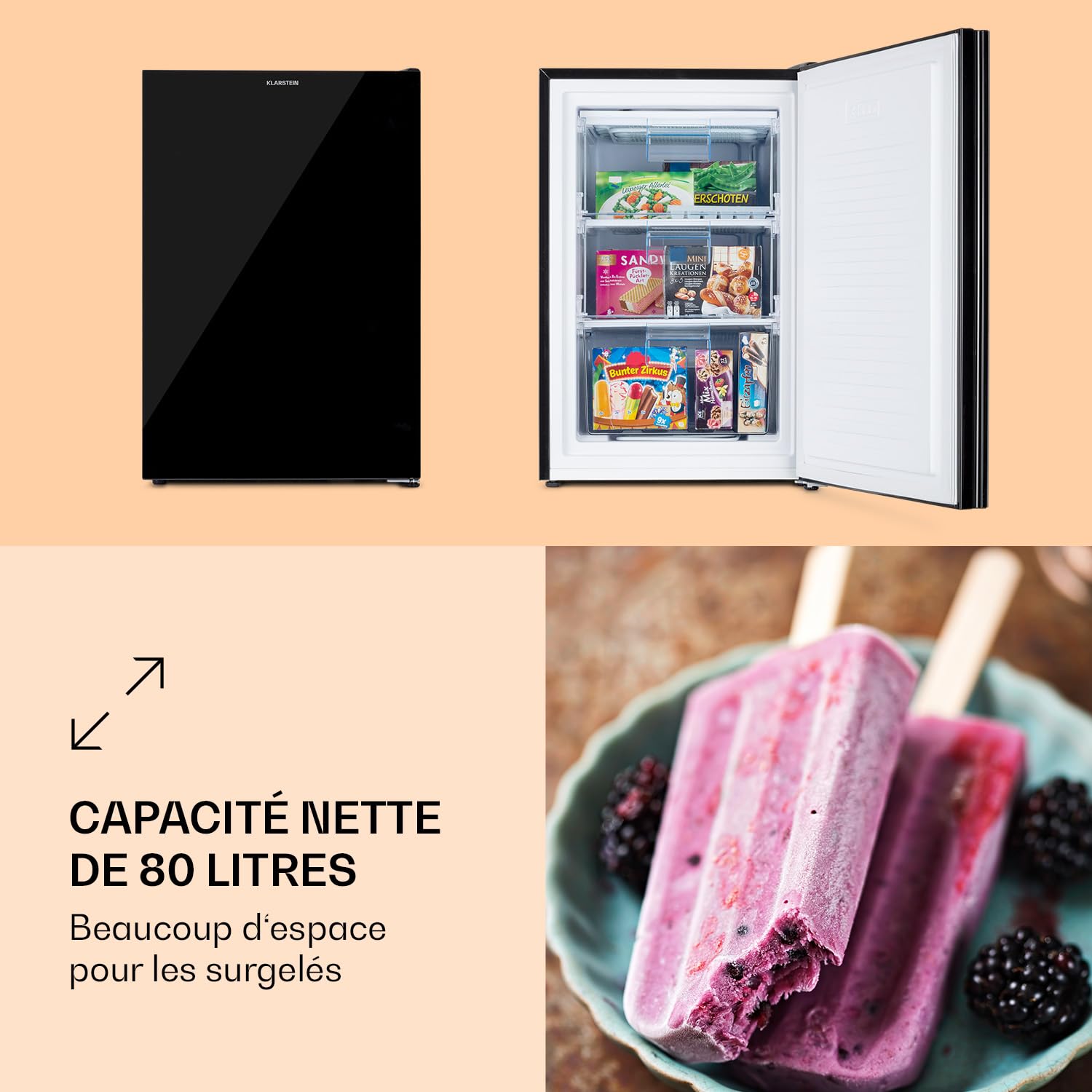 KLARSTEIN Pluto – congélateur 1 zone de refroidissement, thermostat à 5 niveaux, 0 à -18 ° C, avec façade en verre, pieds réglables en hauteur, silencieux, volume 80 litres - noir