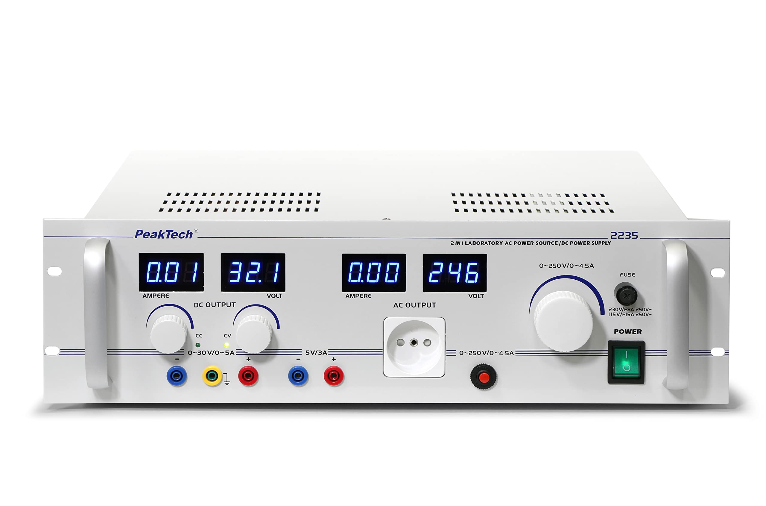 PeakTech P 2235 – Professionelles Labornetzgerät – Netzgerät regelbar von 0-250V 5A AC / 30V 5A DC – Labornetzteil für Labor Stromversorgung 19" Rack Einbaufähig – Mit Typ C-Steckdose und 4mm Buchsen