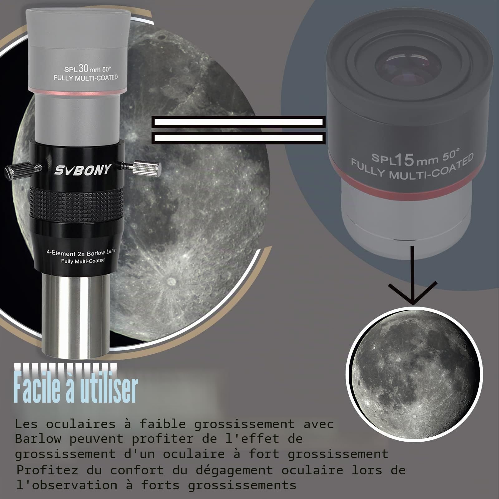 Svbony SV216 Lentille Barlow 2X, 1,25 Pouces Métal Barlow 4- Eléments Apochromatic FMC Lentille de Télescope pour la Photographie et l'Observation Planétaires