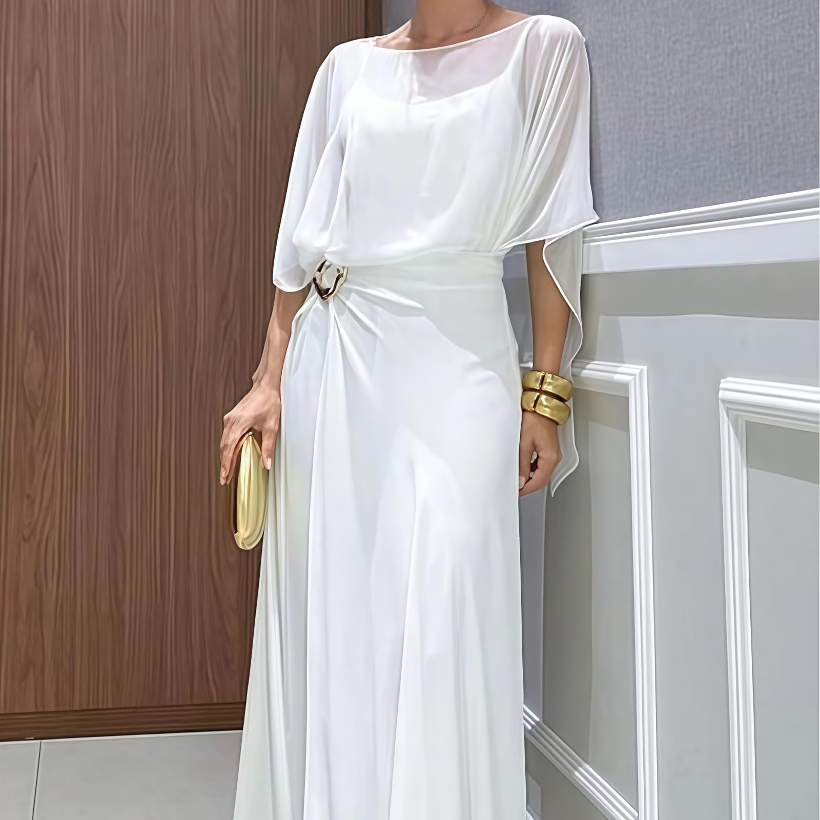 Luźna bluzka z rękawami i skrzyżowanymi spodniami. Elegancka szyfonowa sukienka wieczorowa z krzyżowym pasem, 3-częściowy zestaw na co dzień, do biura, na imprezę