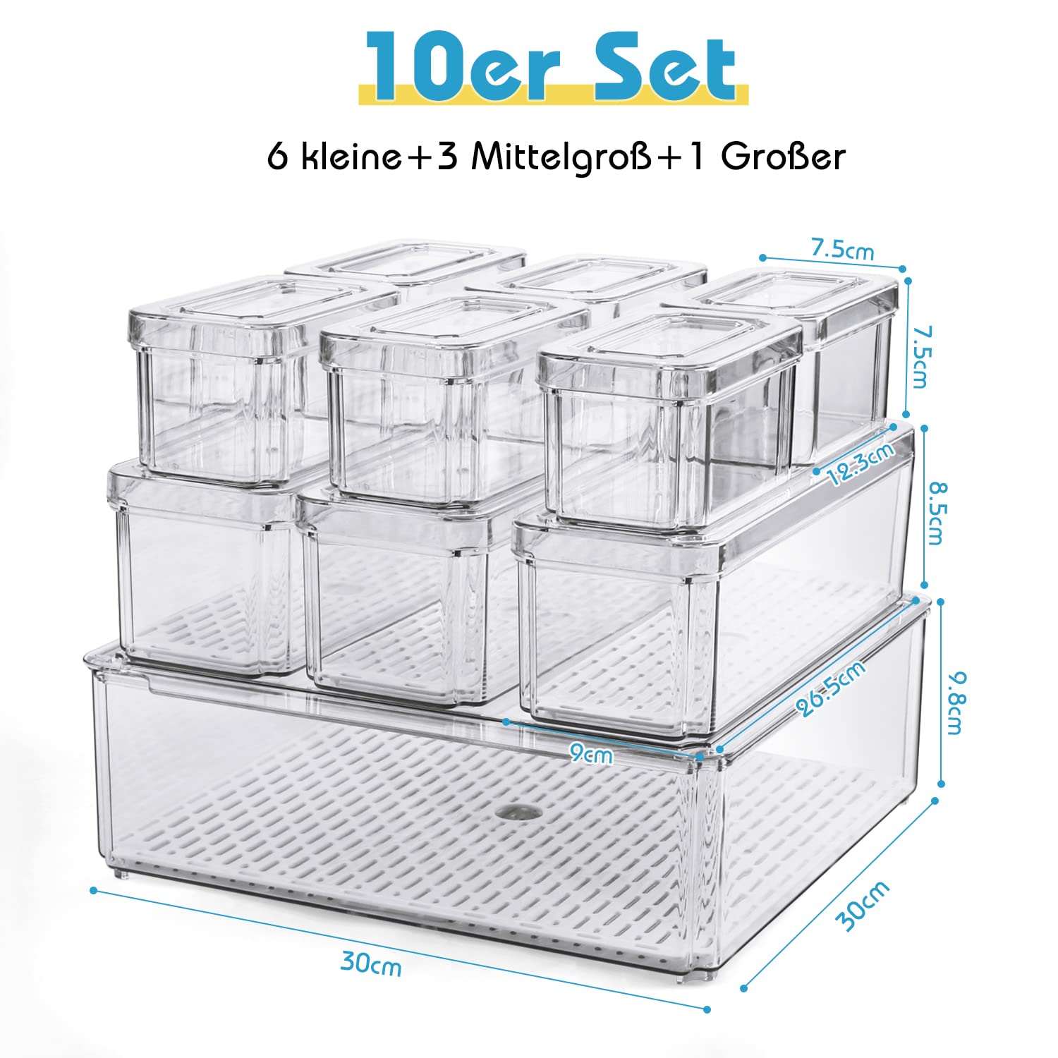 14er Set 10 Kühlschrank Organizer mit Deckel und 4 Abtropfbrett Durchsichtig Stapelbare Aufbewahrungsbox Kühlschrankbox für Küche behälter Aufbewahrung und Organisation