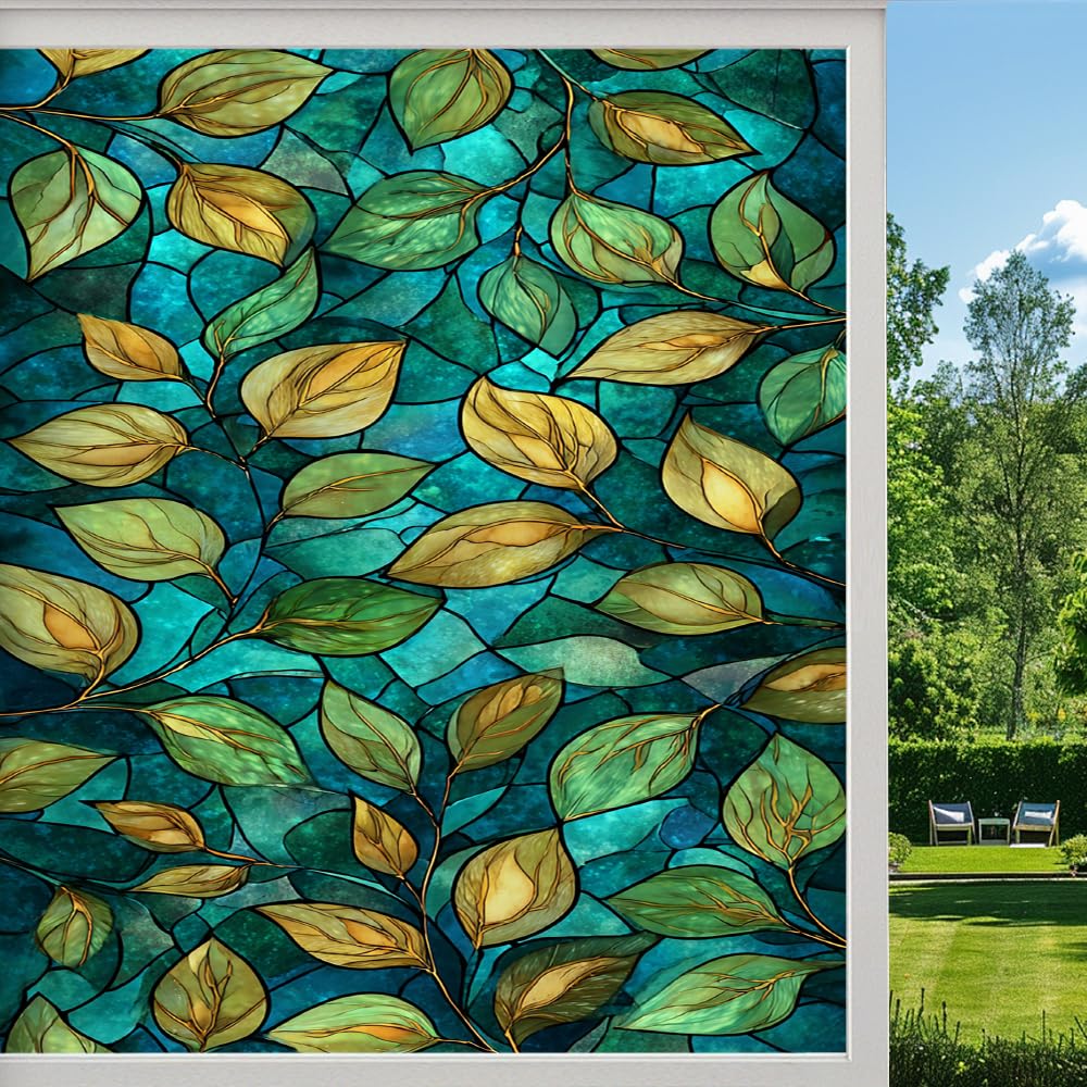 Dreamy Leaf Stained Glass Window Film, Retro Natural Plant Texture Peel and Stick Privacy Film, Frosted Adhesive Vinyl Decorative for Bathroom Windows Glass Doors, （45x60cm）